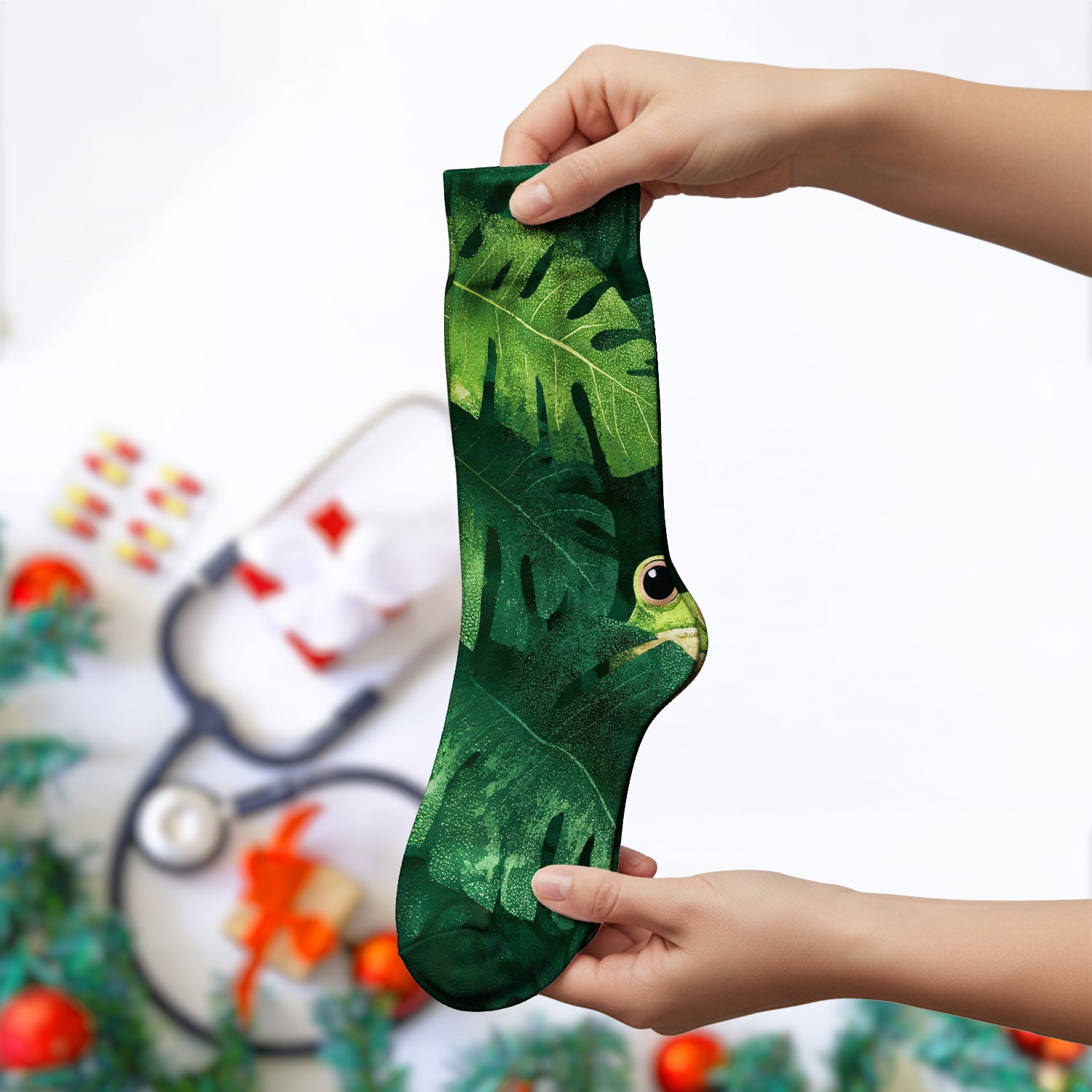 Cute Frog Hiding Jungle Leaves Pattern Nurse Socks, Adult Socks for Men and Women