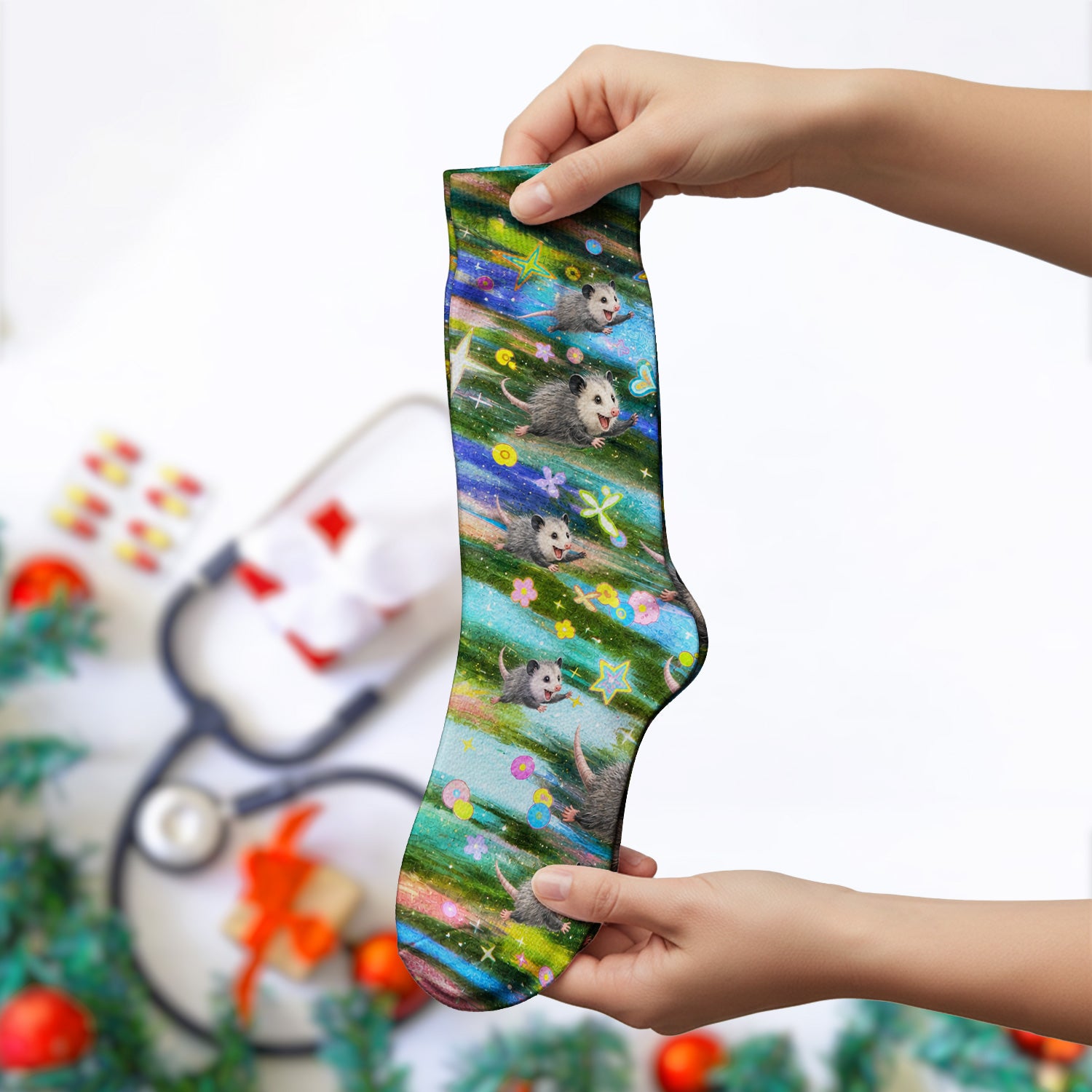 Colorful Opossum Rainbow Stars Print Socks, Adult Socks for Men and Women