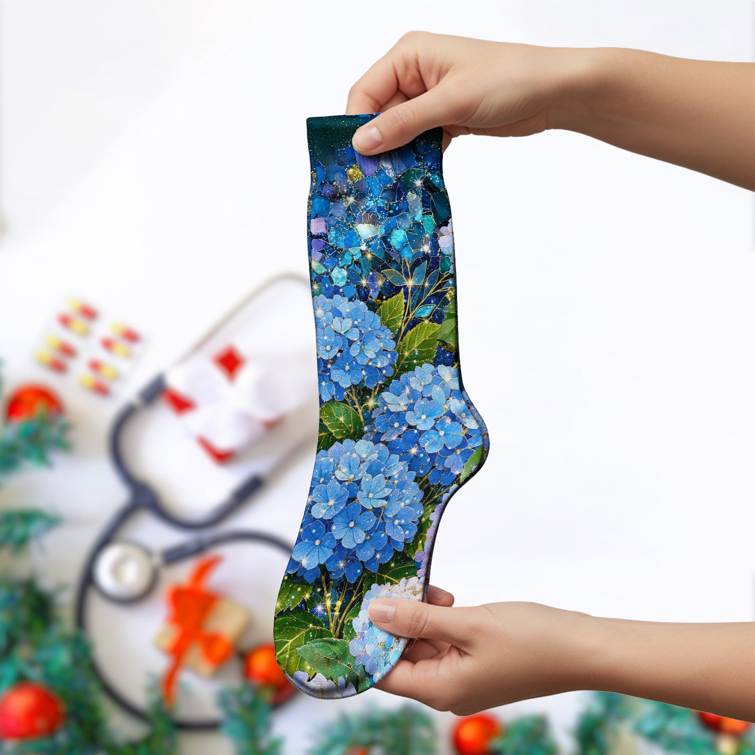 Blue Hydrangea Floral Pattern Socks, Adult Socks for Men and Women