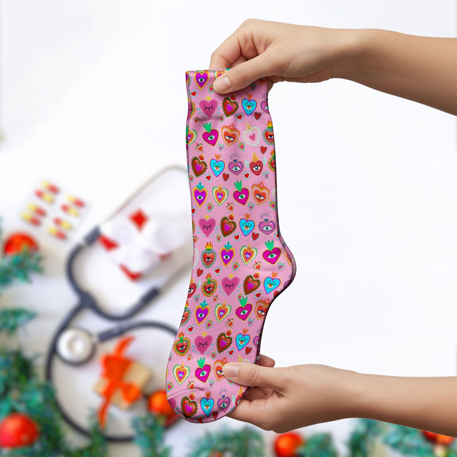Valentine Colorful Sacred Heart Print Medical Socks, Breathable Fabrics Medical Uniform