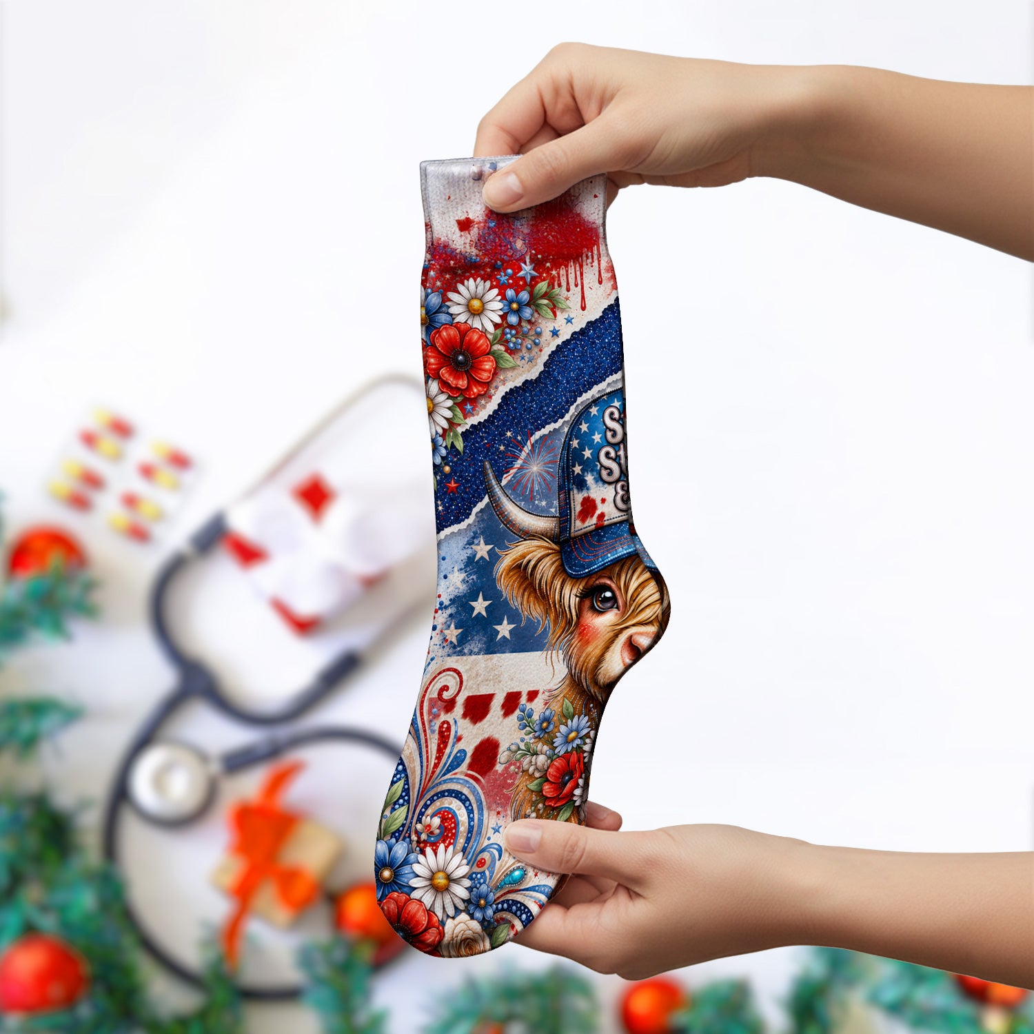 Patriotic Highland Cow Nurse Pattern, Healthcare Workers Socks, Adult Socks for Men and Women
