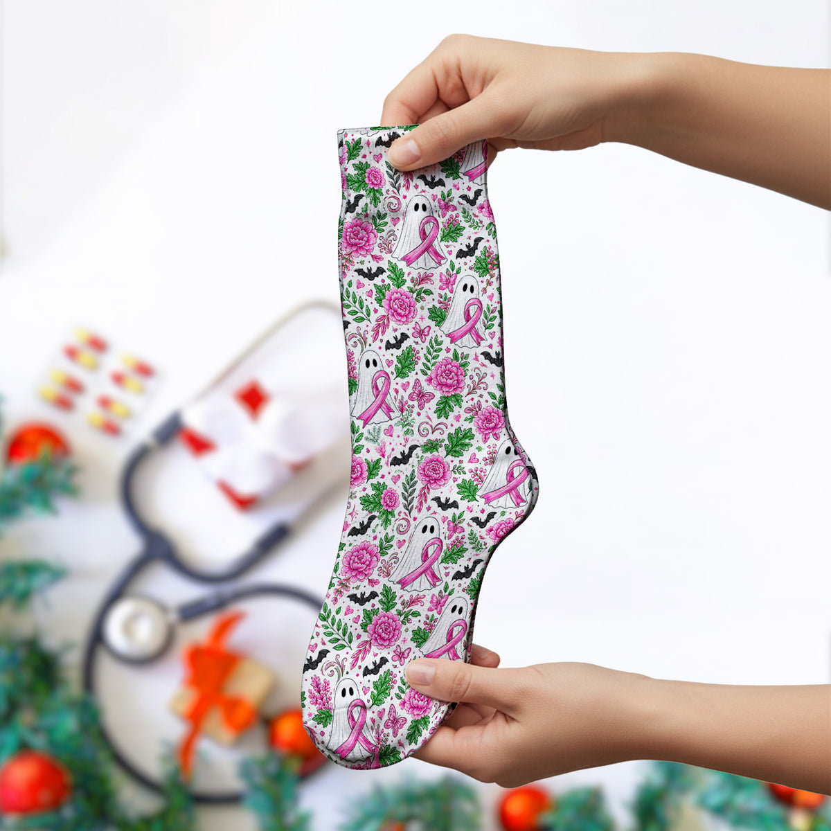 Breast Cancer Awareness Floral Ghost Socks, Adult Socks for Men and Women