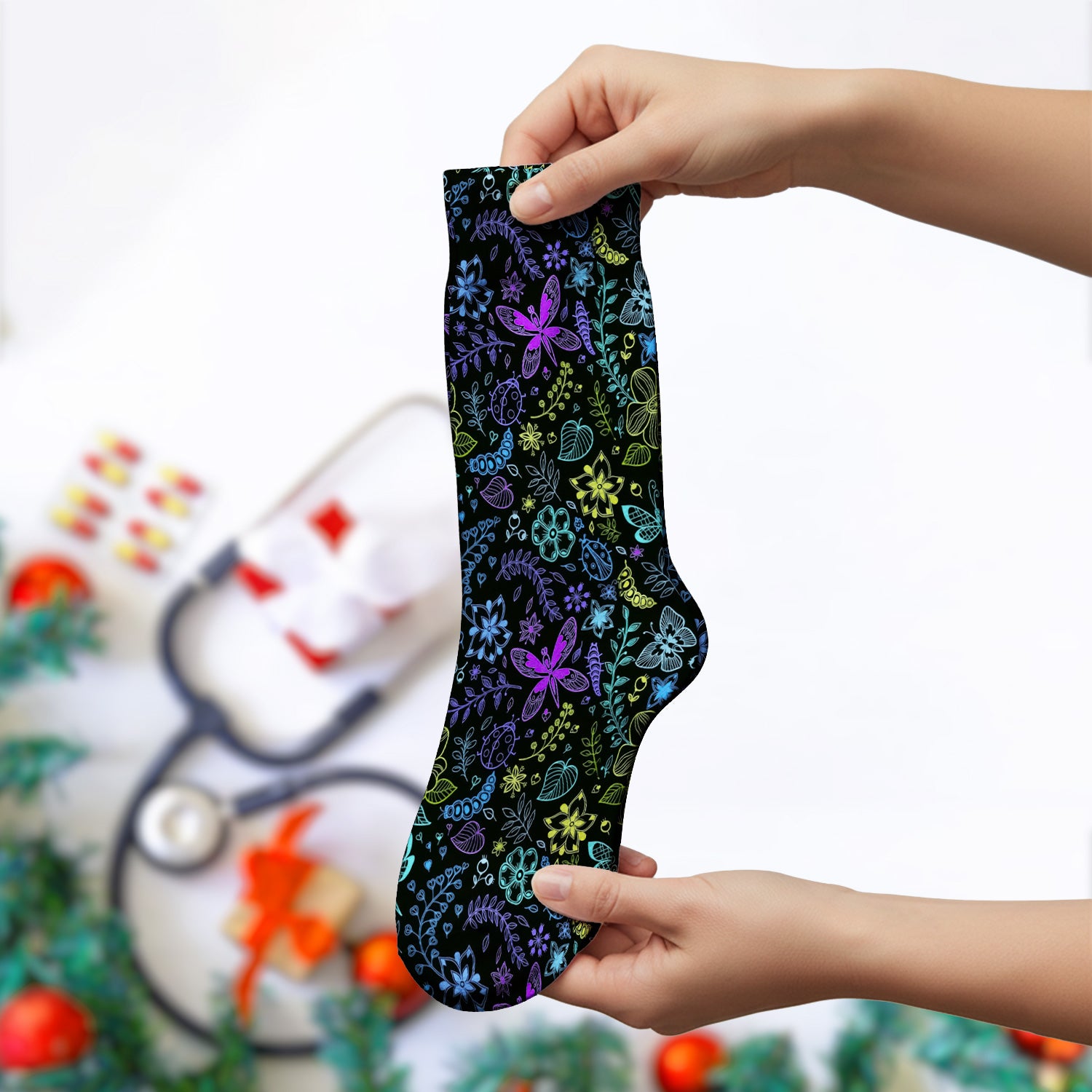 Neon Butterfly and Floral Garden Pattern Socks, Breathable Fabrics Medical Uniform