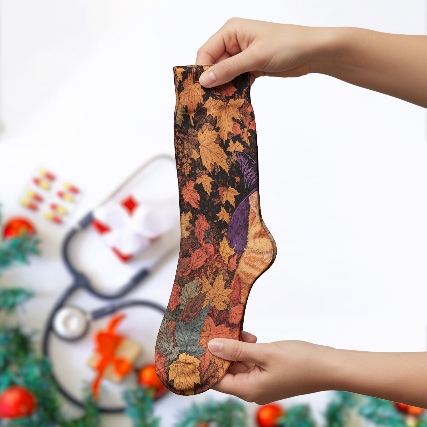 Autumn Cat with Fall Leaves Socks, Adult Socks for Men and Women