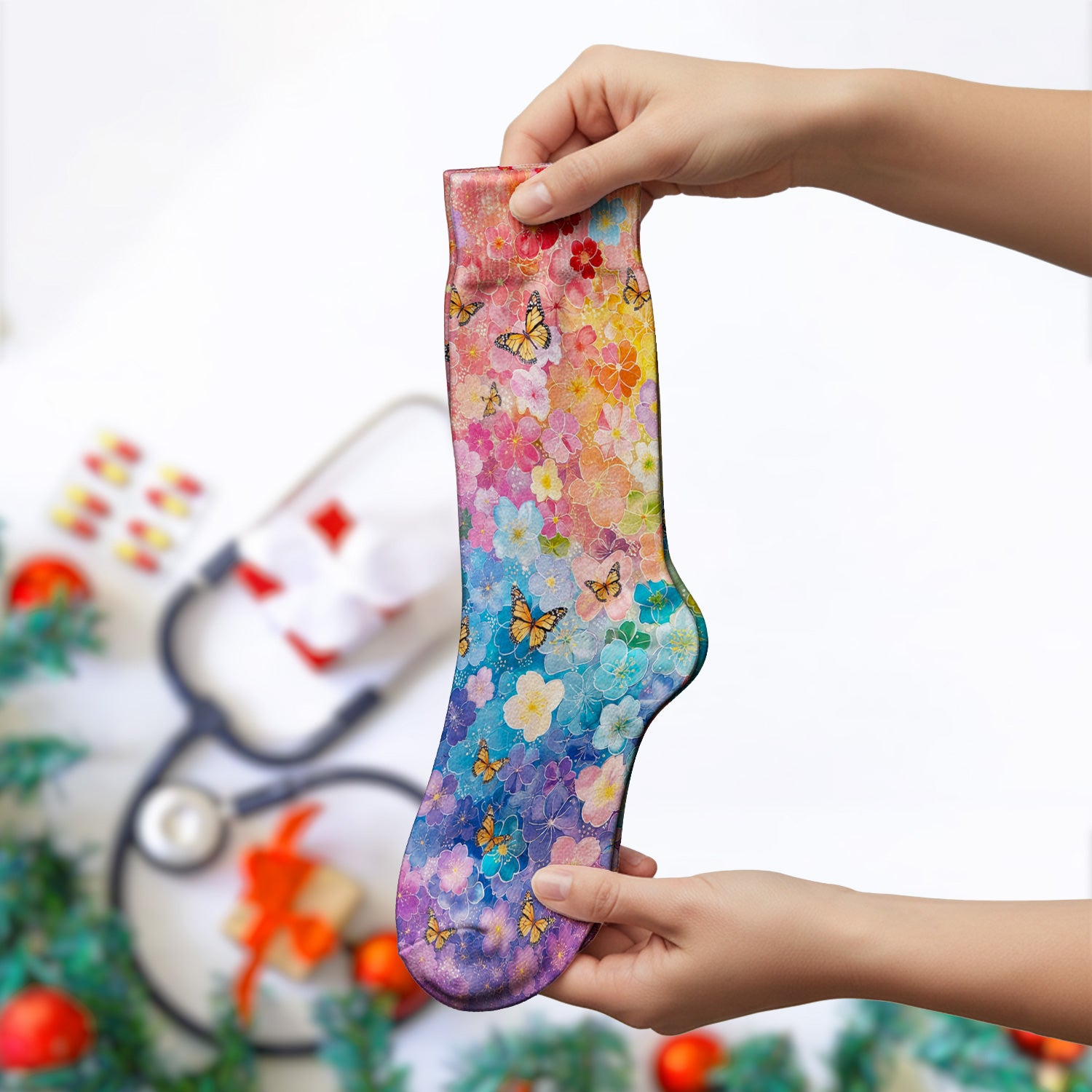 Rainbow Butterfly Floral Blossom Pattern Socks, Adult Socks for Men and Women