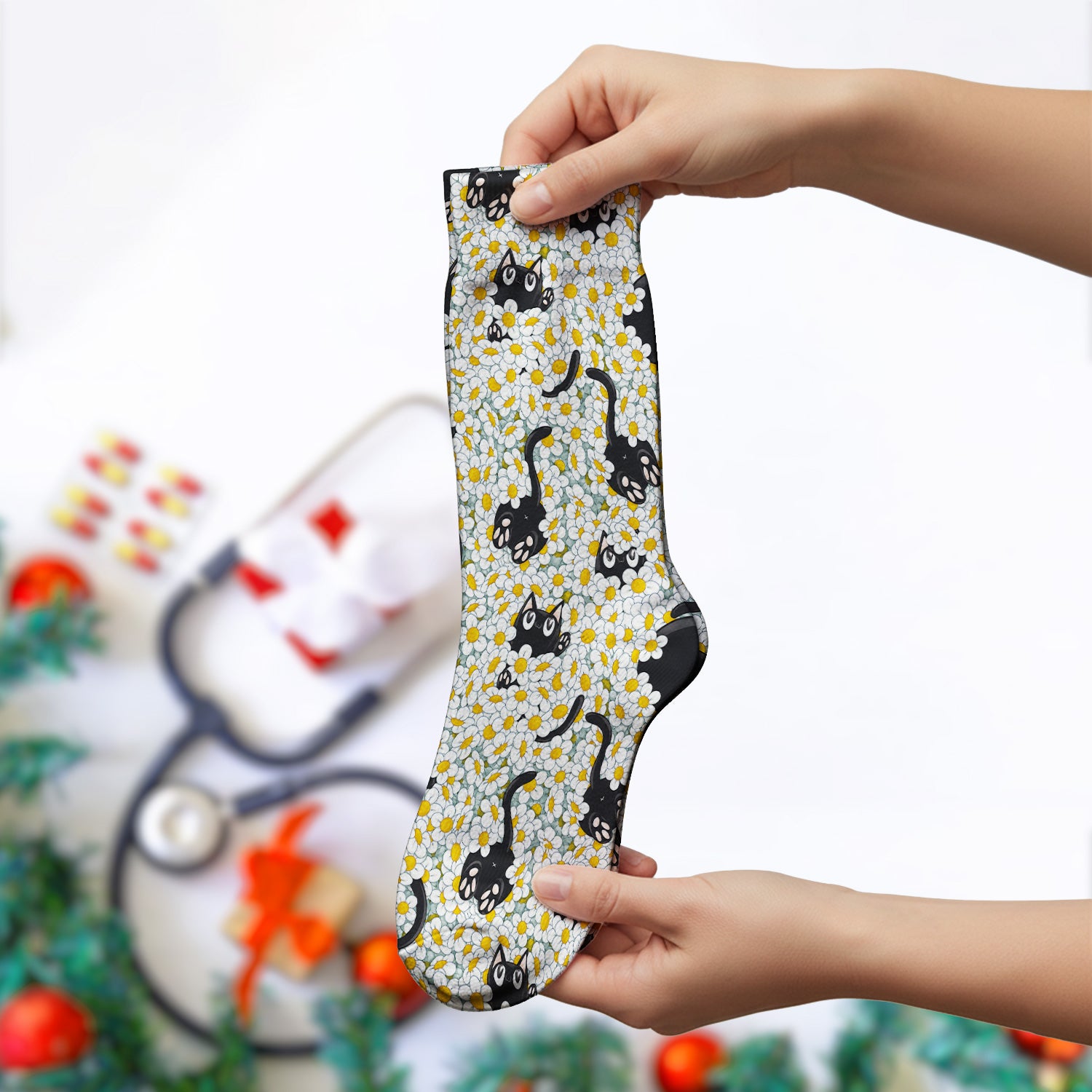 Daisy Black Cat Nurse Pattern Socks, Adult Socks for Men and Women
