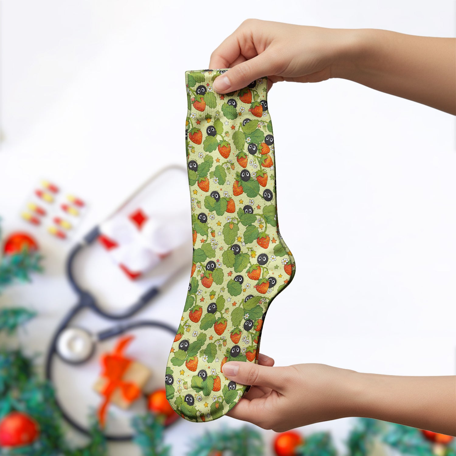 Cute Strawberry Soot Sprite Pattern Socks, Adult Socks for Men and Women