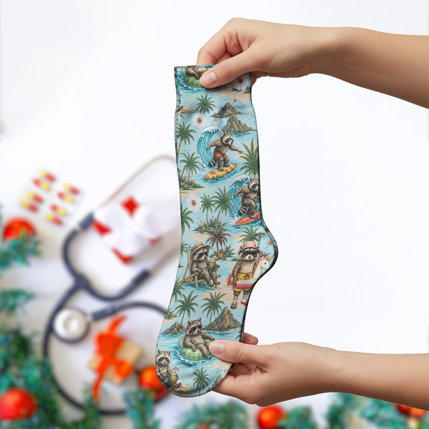 Tropical Raccoon with Surfing Island Beach Print Socks, Adult Socks for Men and Women