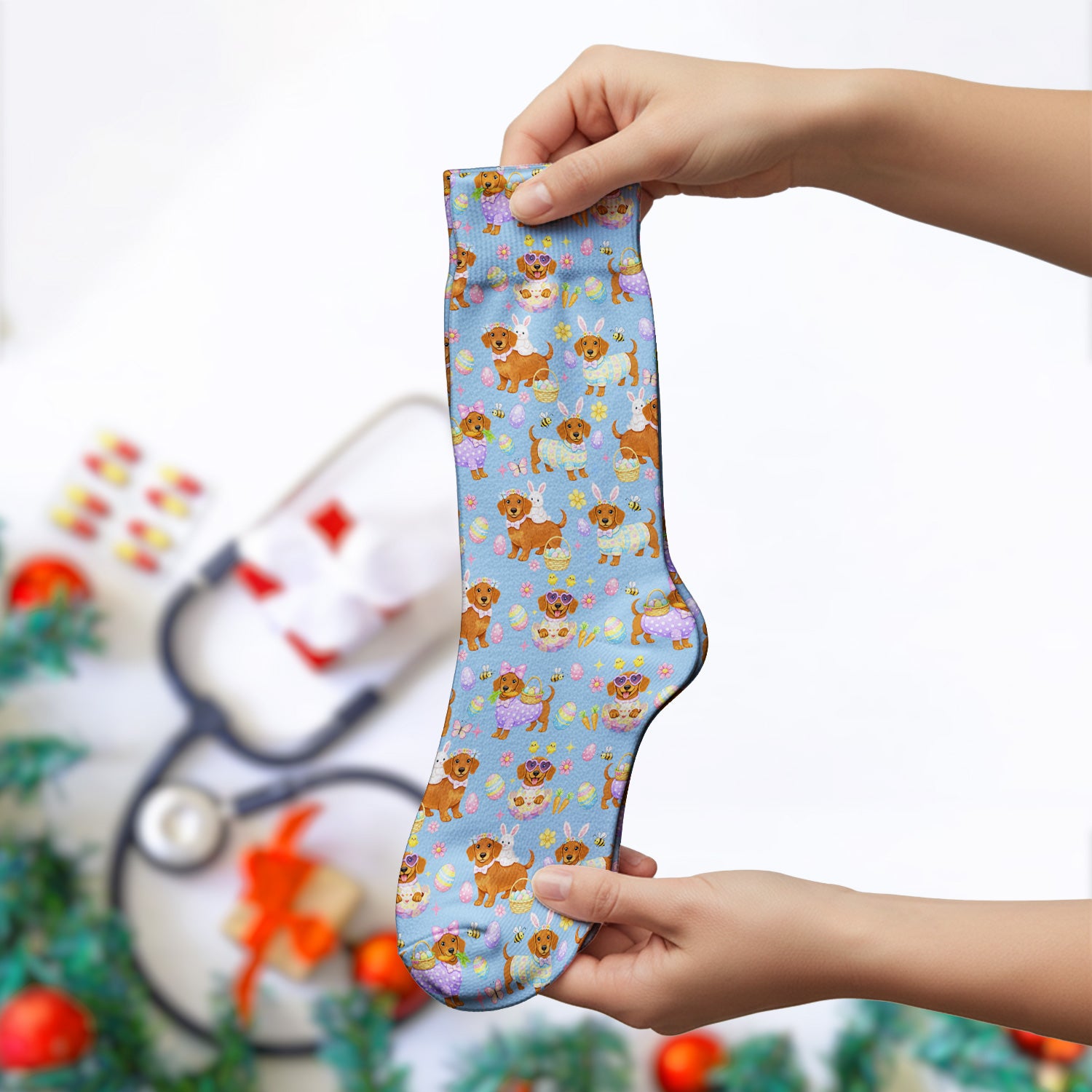 Cute Easter Dachshund Dog Pattern Socks, Adult Socks for Men and Women