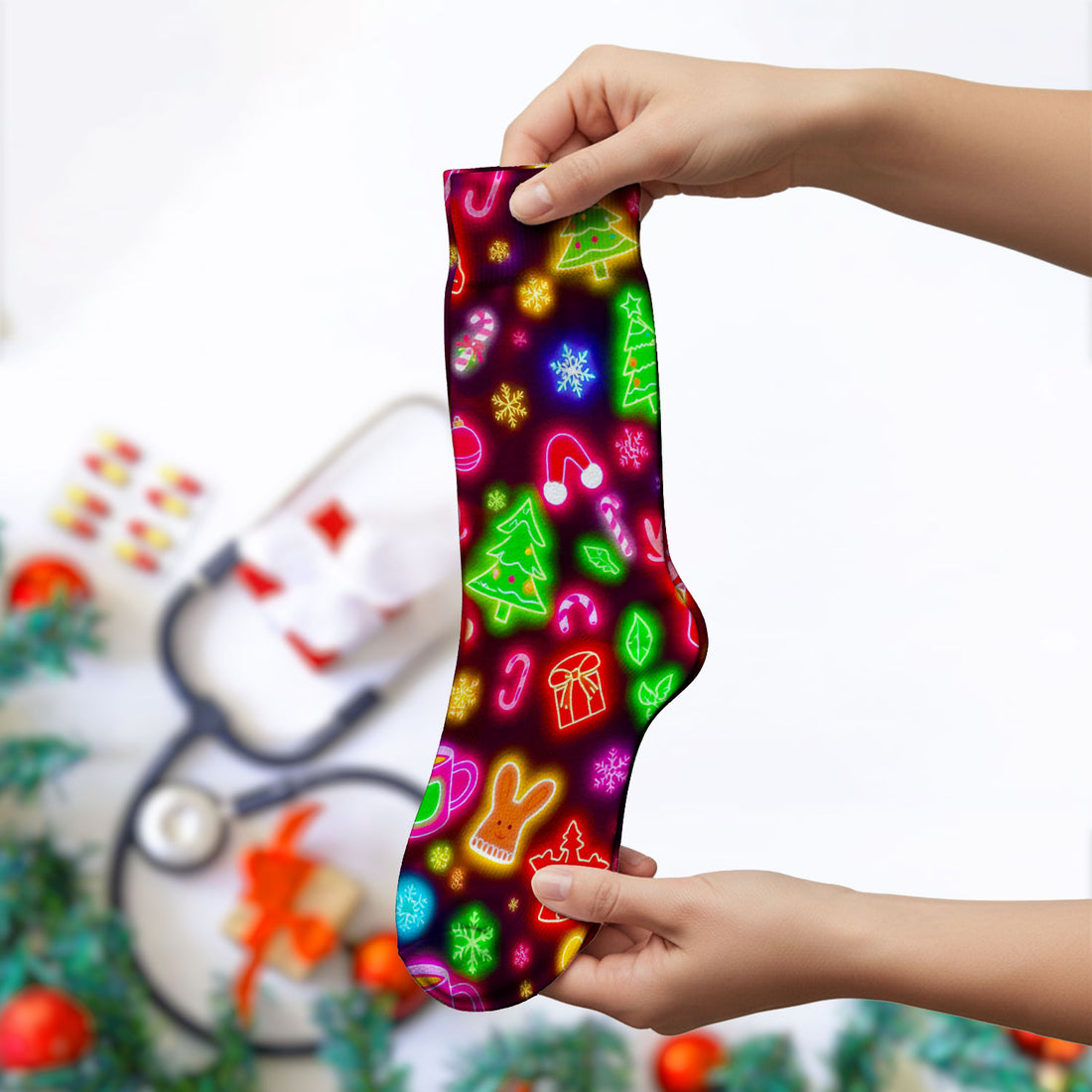 Reindeer Neon Xmas Scrub Socks, Christmas Pattern Scrub Sock,  Breathable Fabrics Nursing Uniform