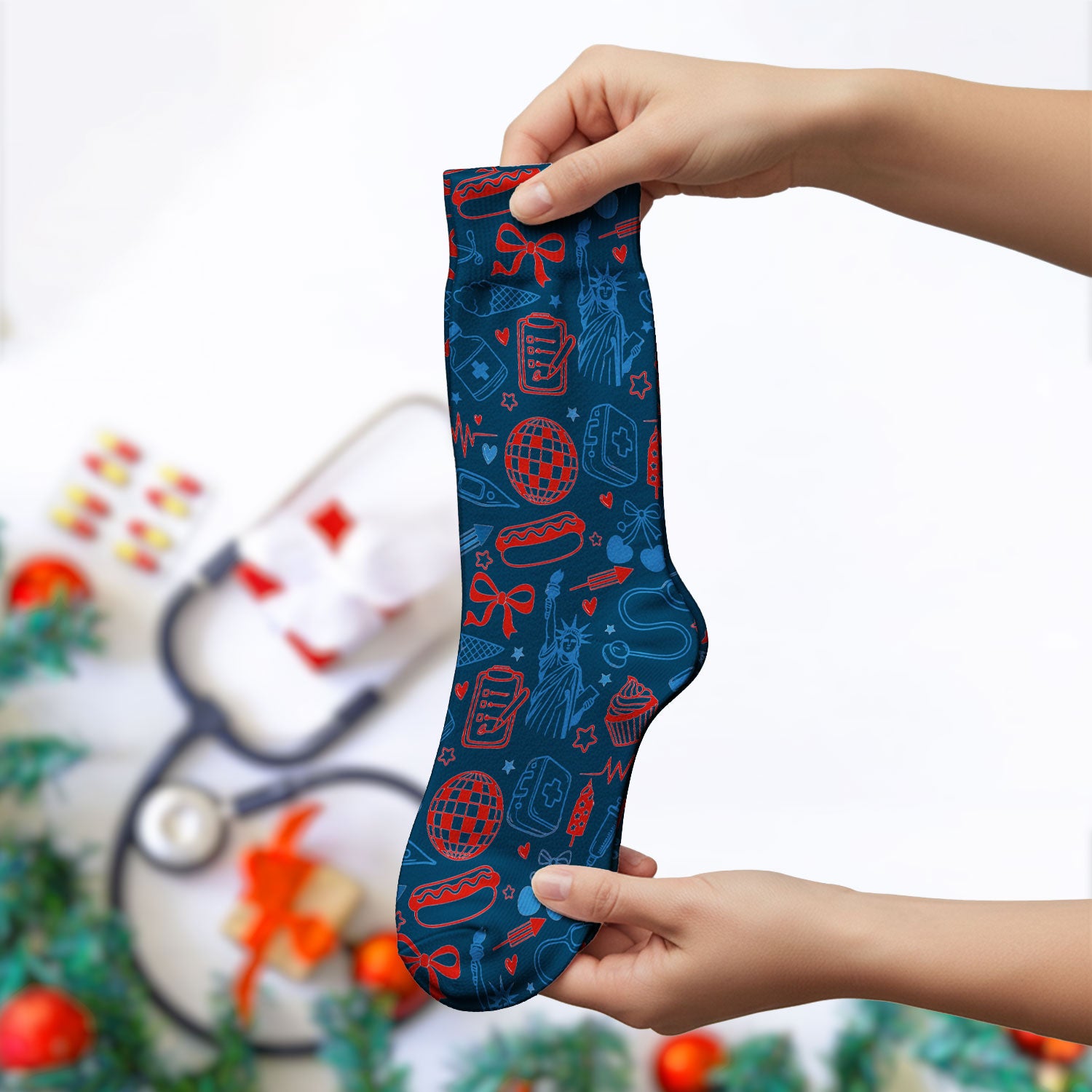 Patriotic Nurse Medical Icons Pattern Print Socks, Adult Socks for Men and Women