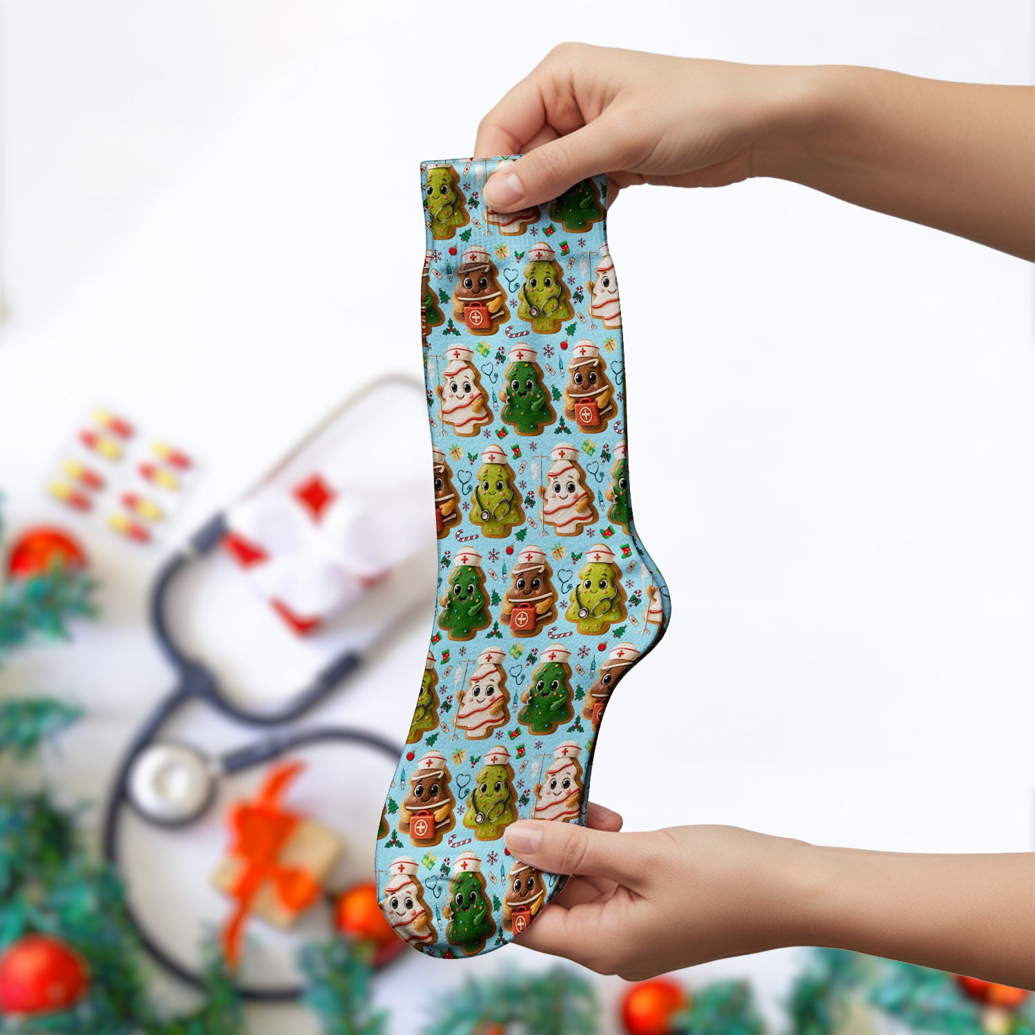 Christmas Cookie Scrub Socks – Festive Nurse & Holiday Tree Pattern – Cute Medical Uniform for Nurses, Vets and Healthcare Workers