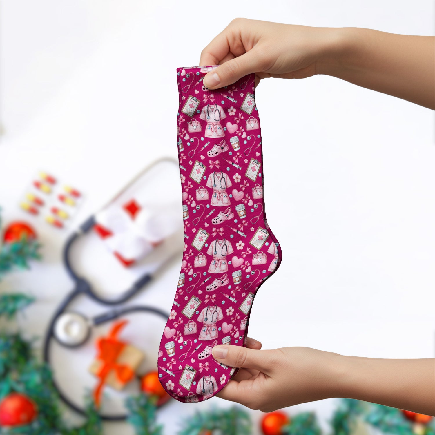 Valentine Pink Nurse Icons Print Medical Socks, Socks for Nurse Doctor