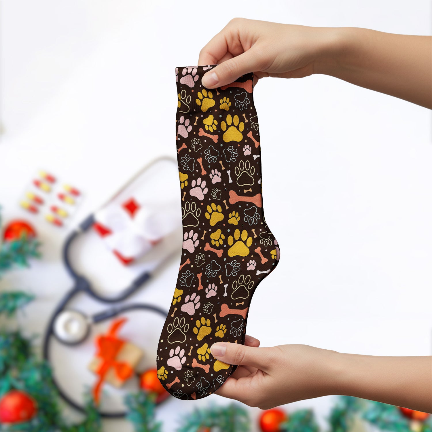 Cute Paw Print Dog Pattern Medical Socks, Adult Socks for Men and Women