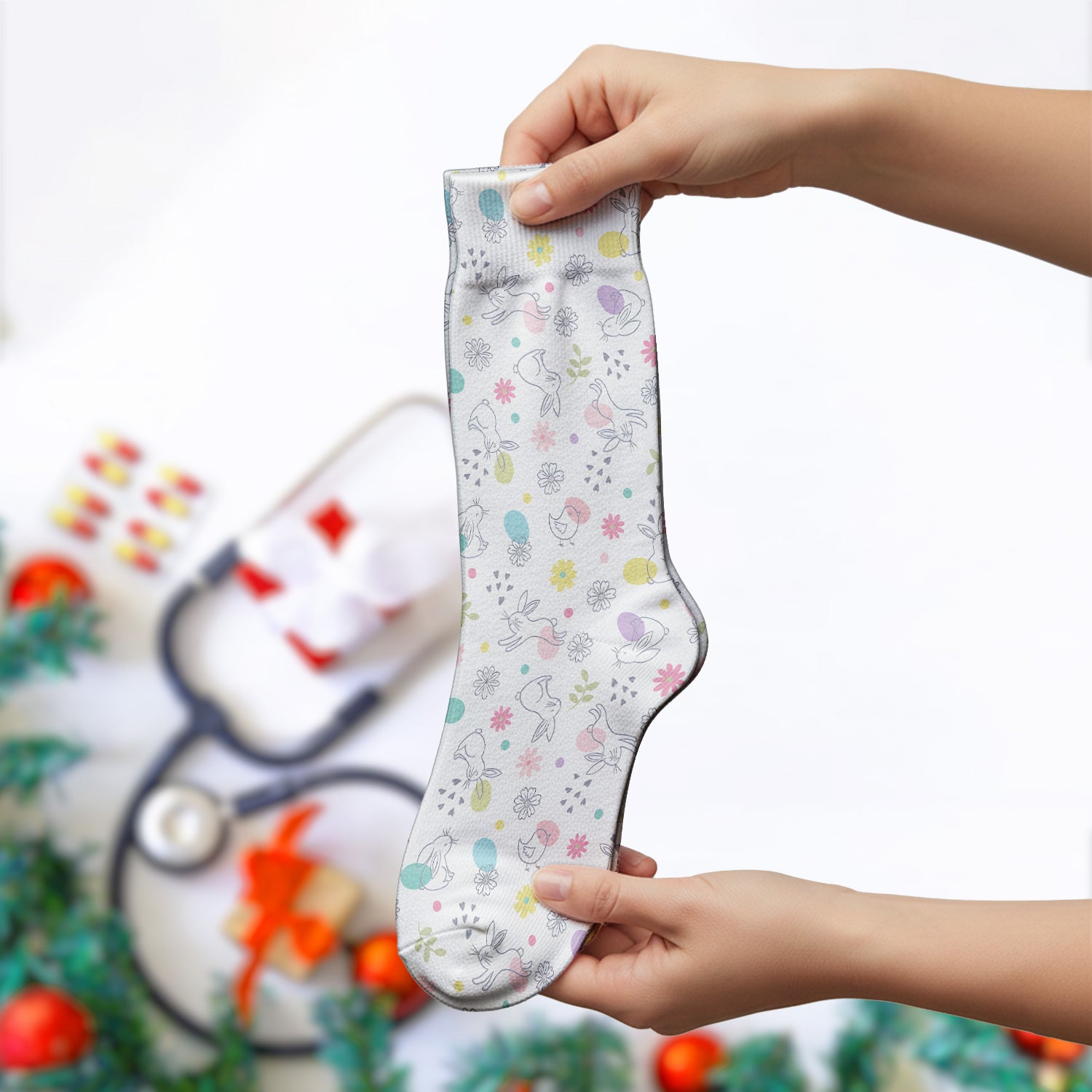 Whimsical Easter Bunny Eggs Pattern Socks, Breathable Fabrics Medical Uniform