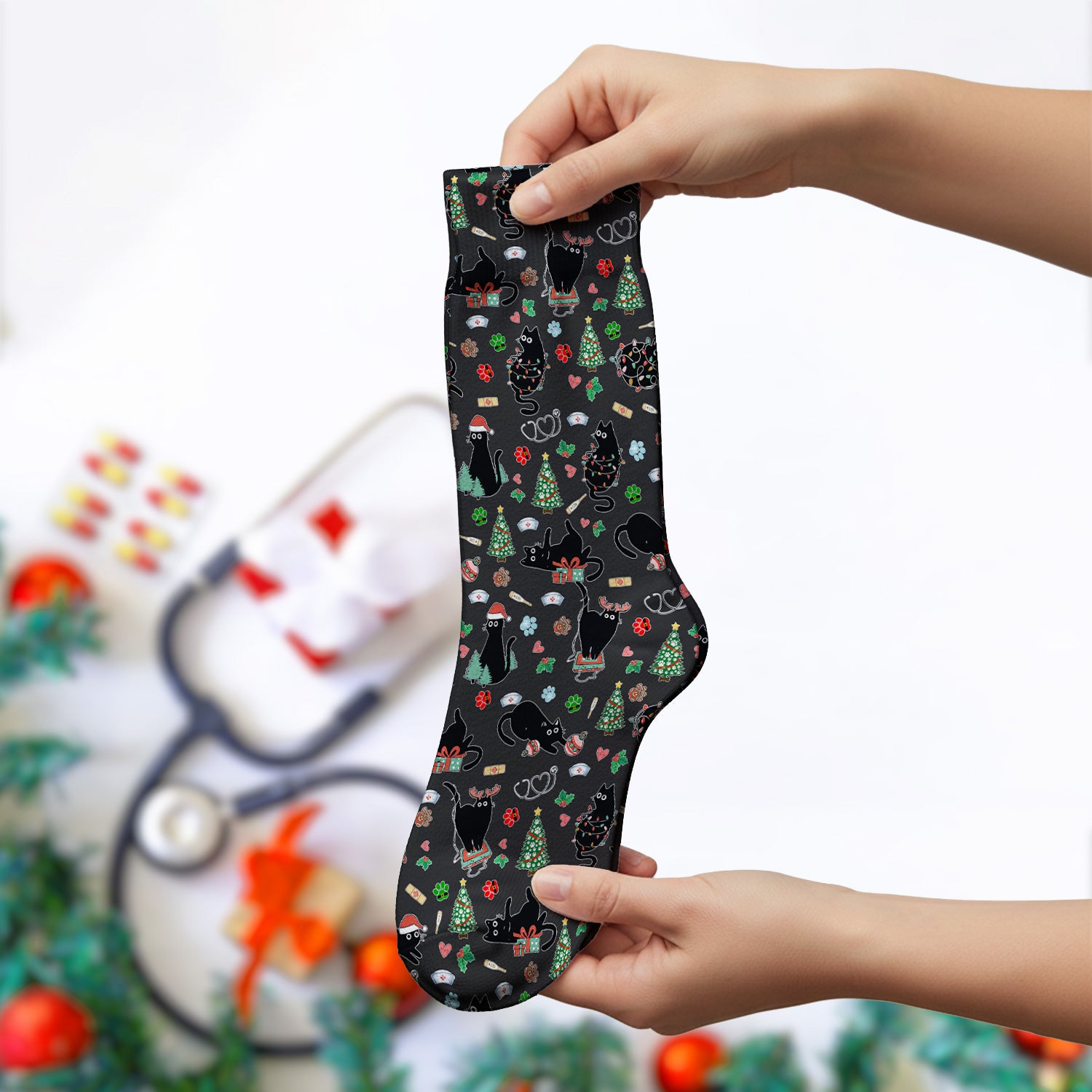 Black Cat Christmas Nurse Scrub Socks, Festive Kitty Medical Uniform for Women