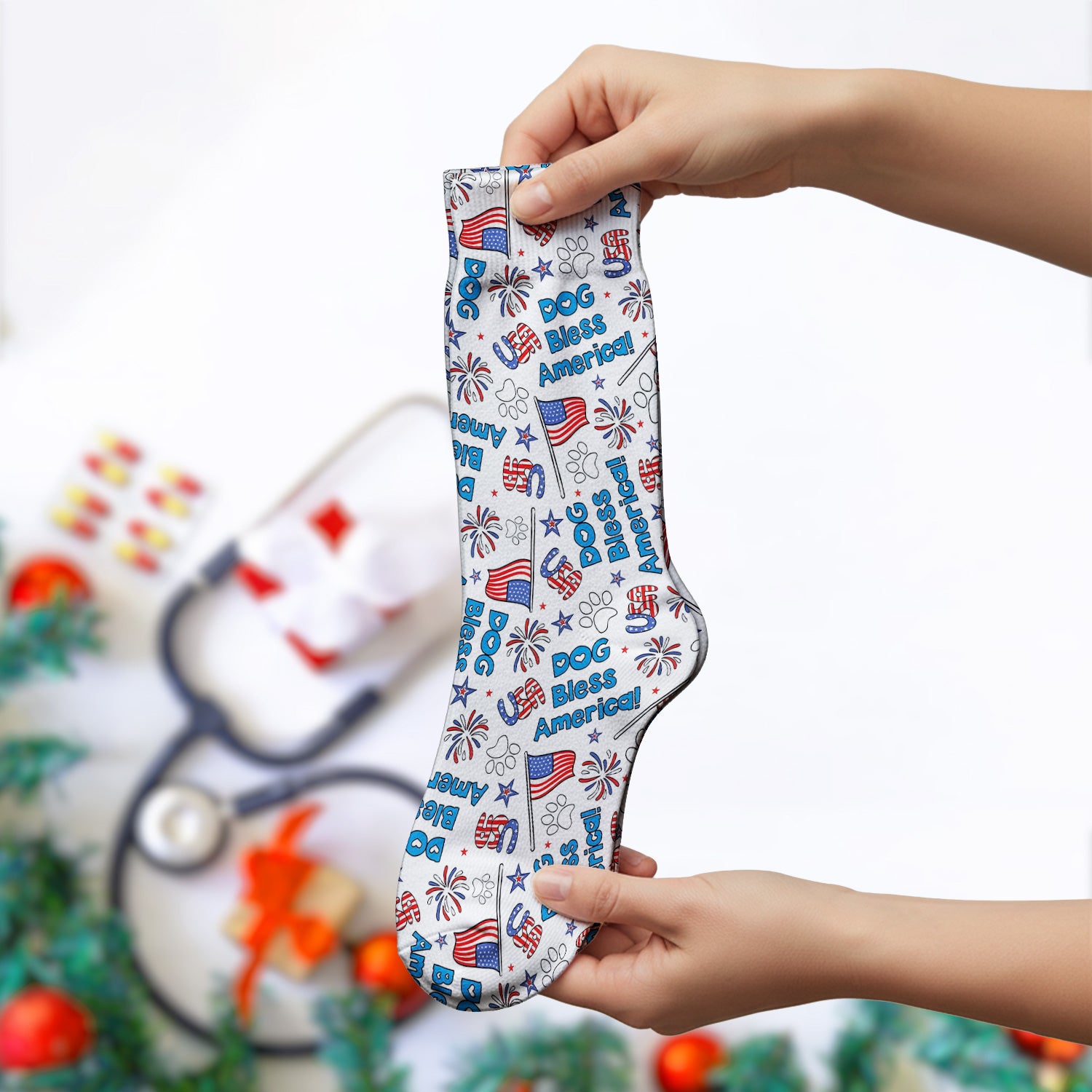 Funny Patriotic Dog Bless America Flag Pattern Socks, Breathable Fabrics Medical Uniform