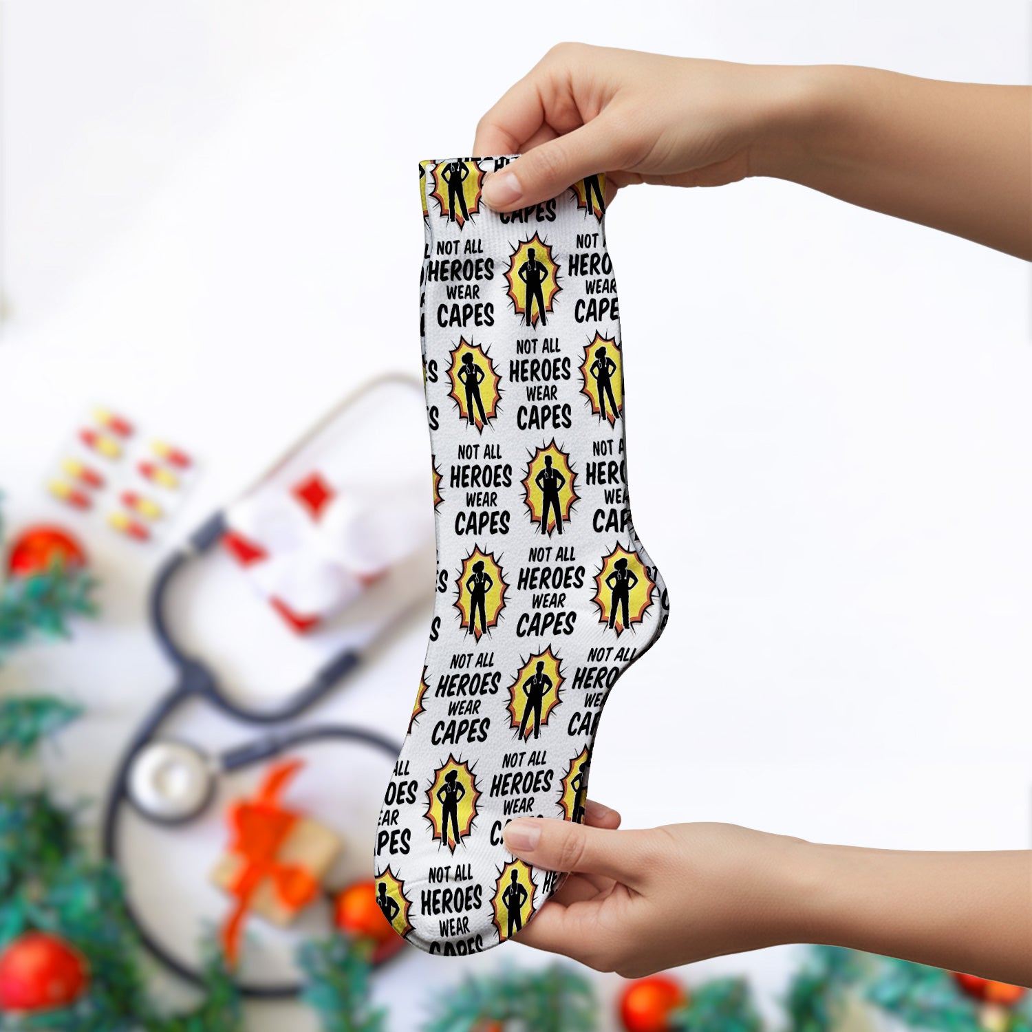 Not All Heroes Wear Capes Nurse Pattern Socks, Breathable Fabrics Medical Uniform