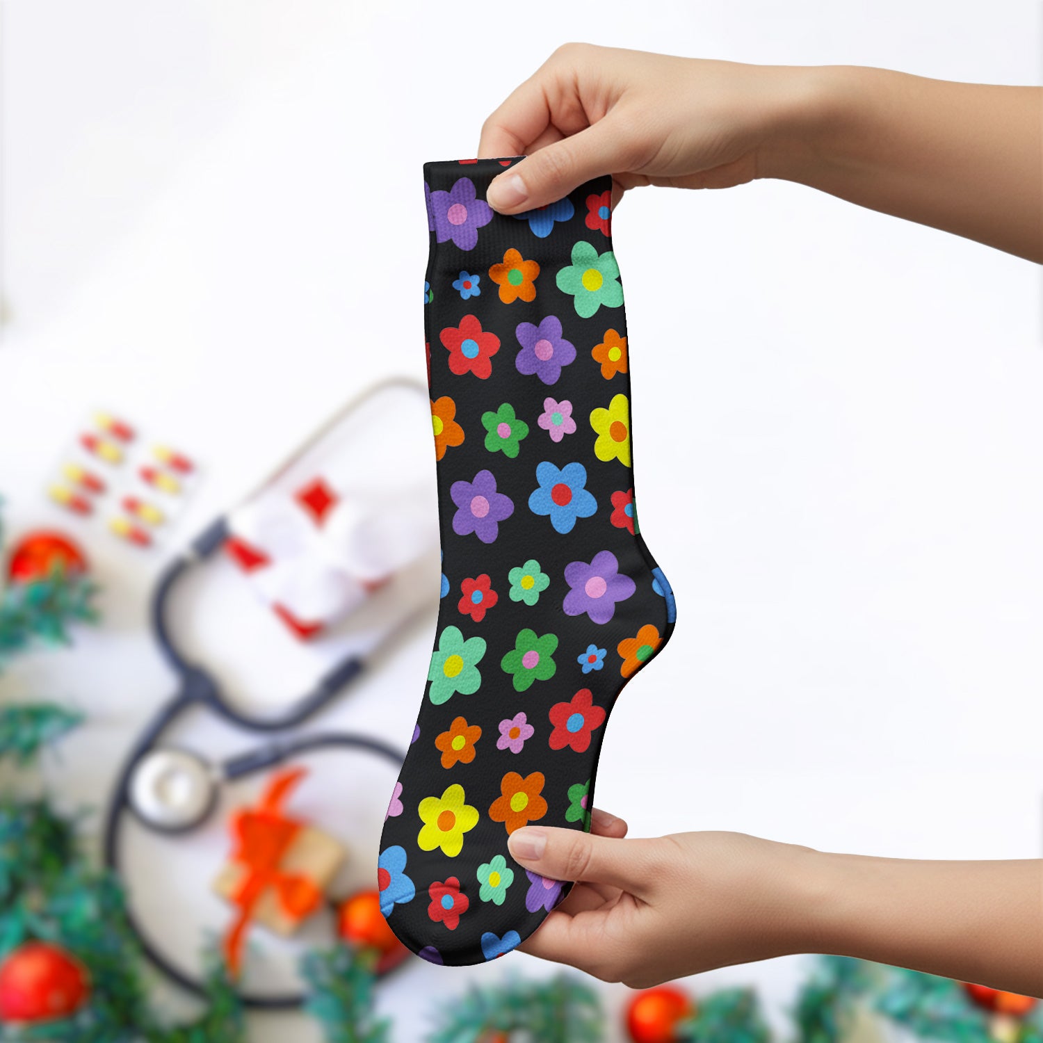 Colorful Retro Flower Pattern Print Socks, Breathable Fabrics Medical Uniform