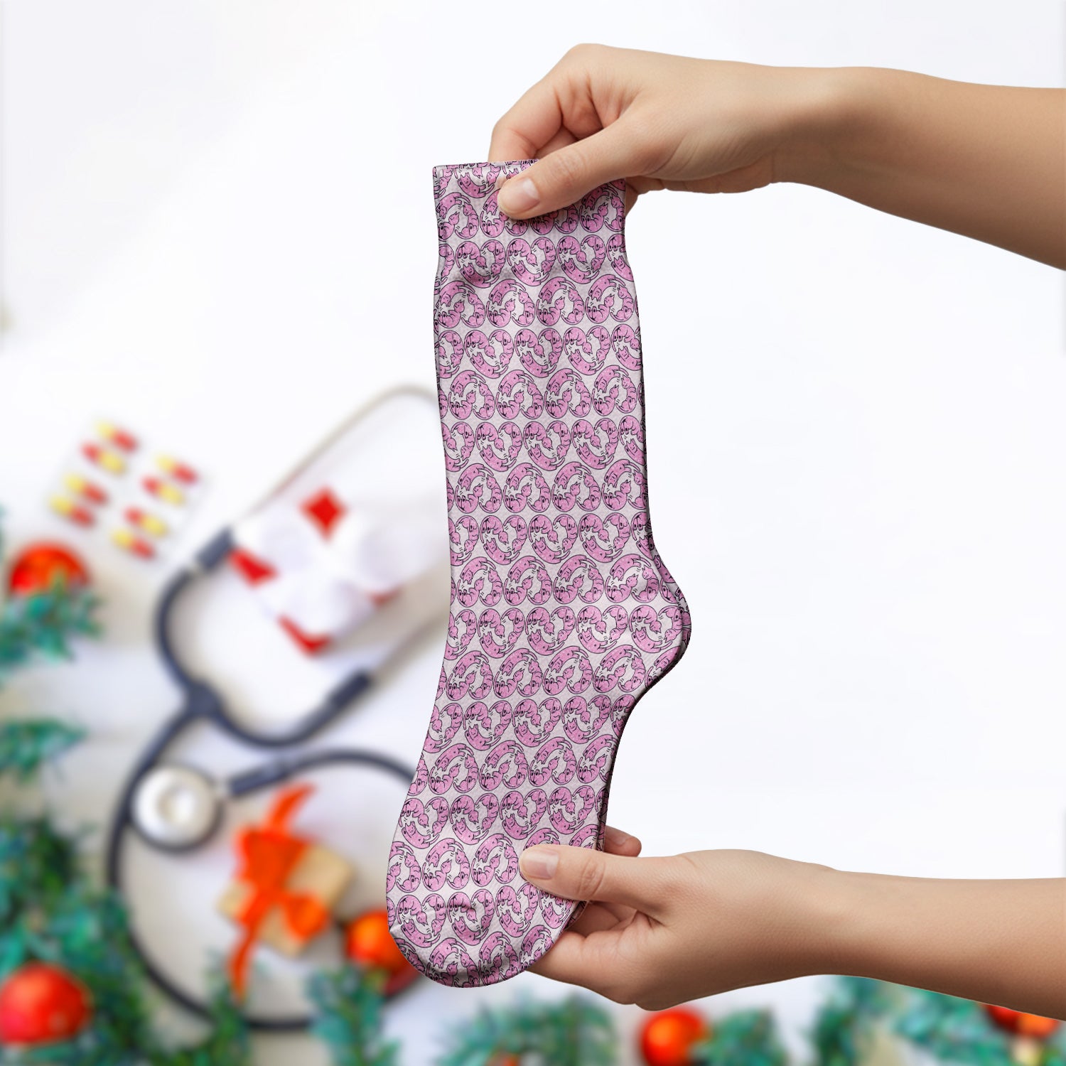 Cute Pink Cat Cartoon Pattern Medical Socks, Adult Socks for Men and Women
