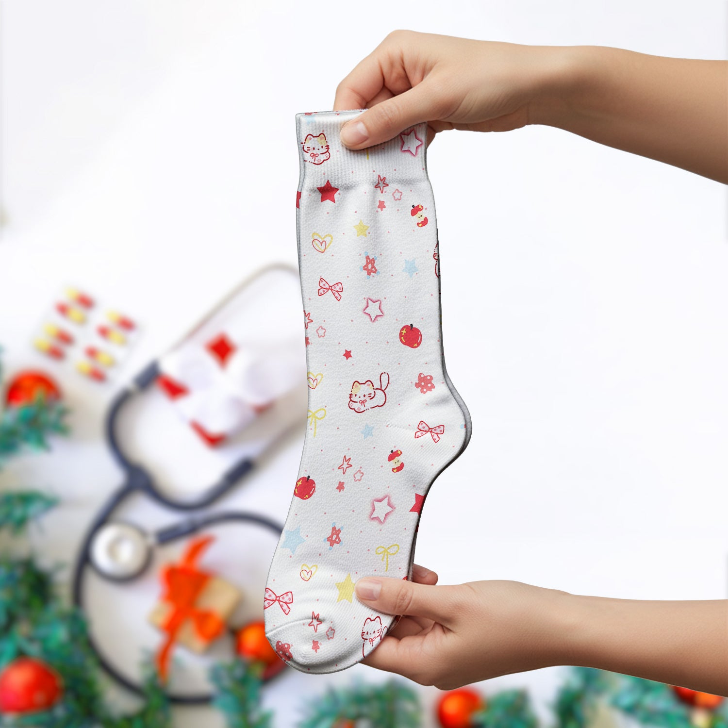 Cute Kawaii Cat Bow Star Pattern Socks, Socks for Nurse Doctor