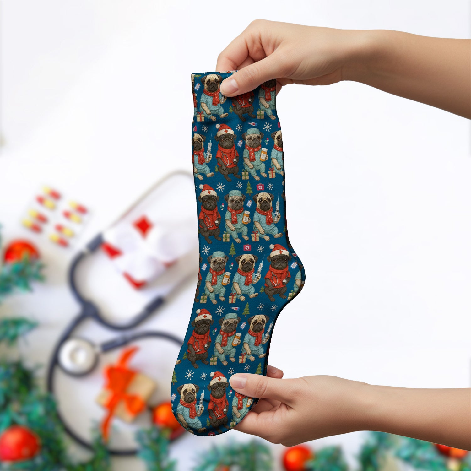 Christmas Pug Nurse Scrub Socks, Cute Holiday Dog Medical Uniform Shirt For Nursing