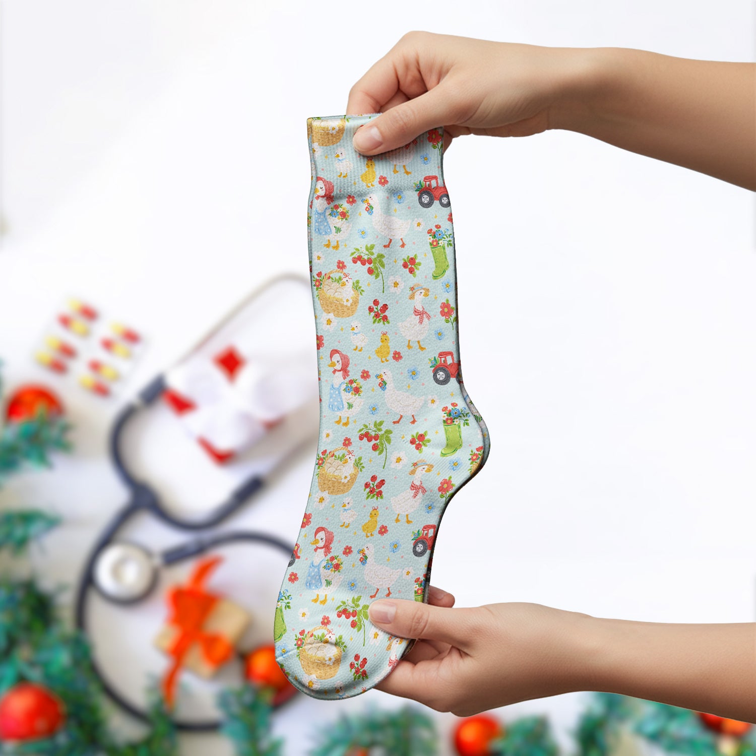 Farm Duck Chicken Tractor Flower Basket Socks, Breathable Fabrics Medical Uniform