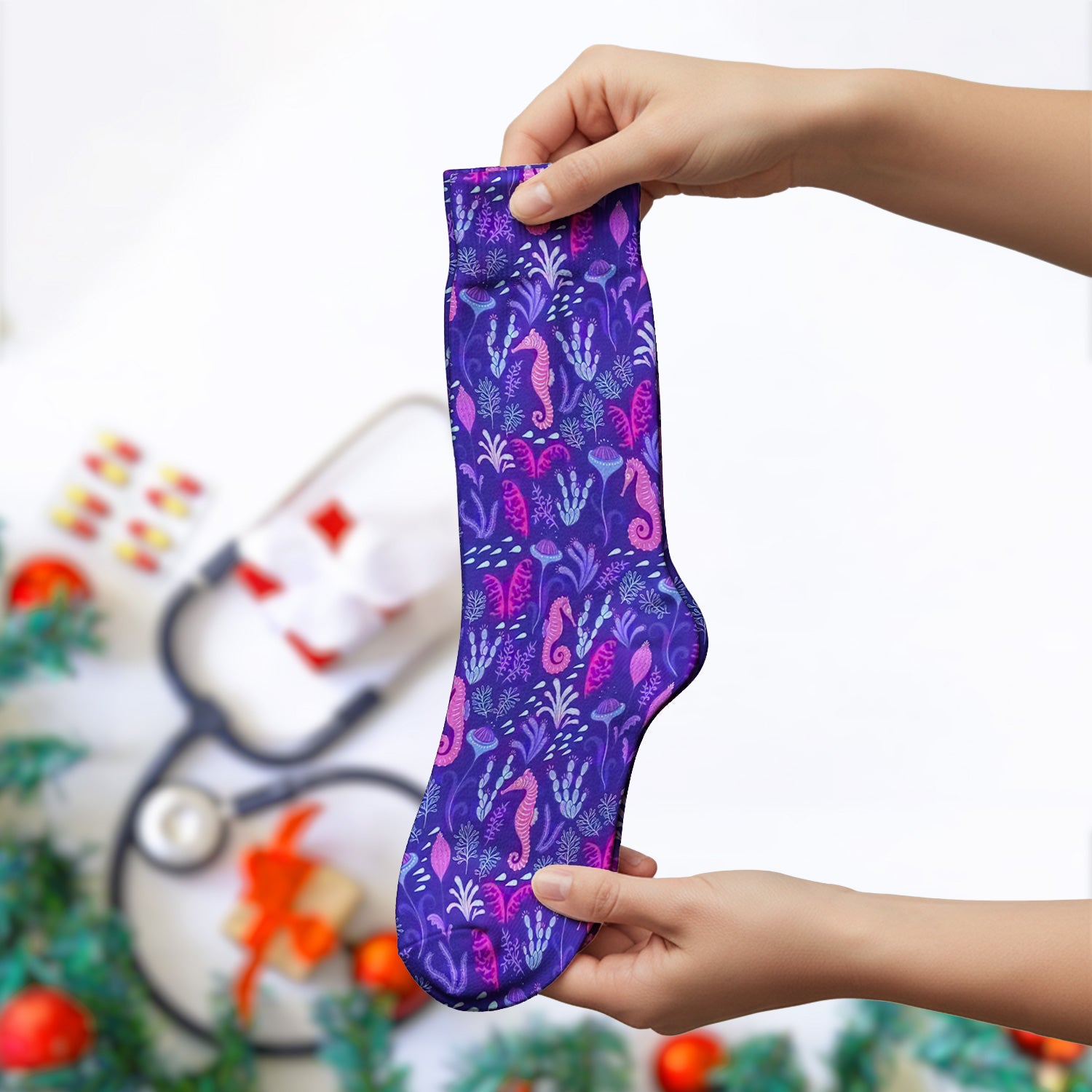 Purple Seahorse Ocean Pattern Socks, Adult Socks for Men and Women