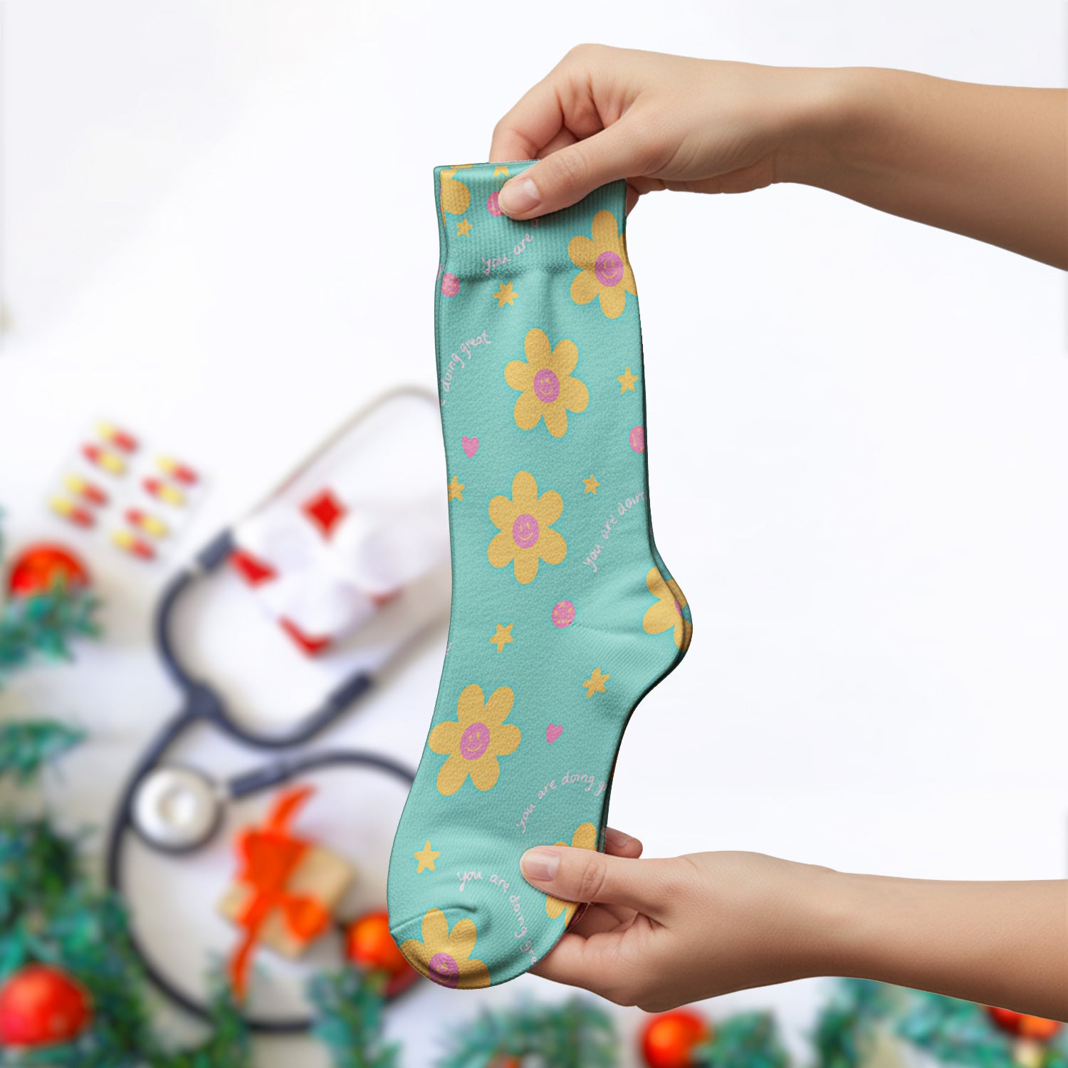 Cheerful Smiley Flower Pattern, Positive Medical Socks, Adult Socks for Men and Women
