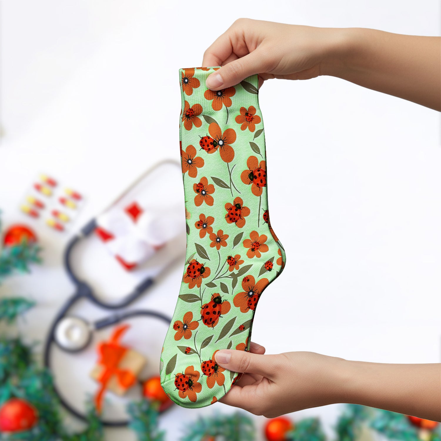 Ladybug on Orange Floral Garden Pattern Socks, Breathable Fabrics Medical Uniform