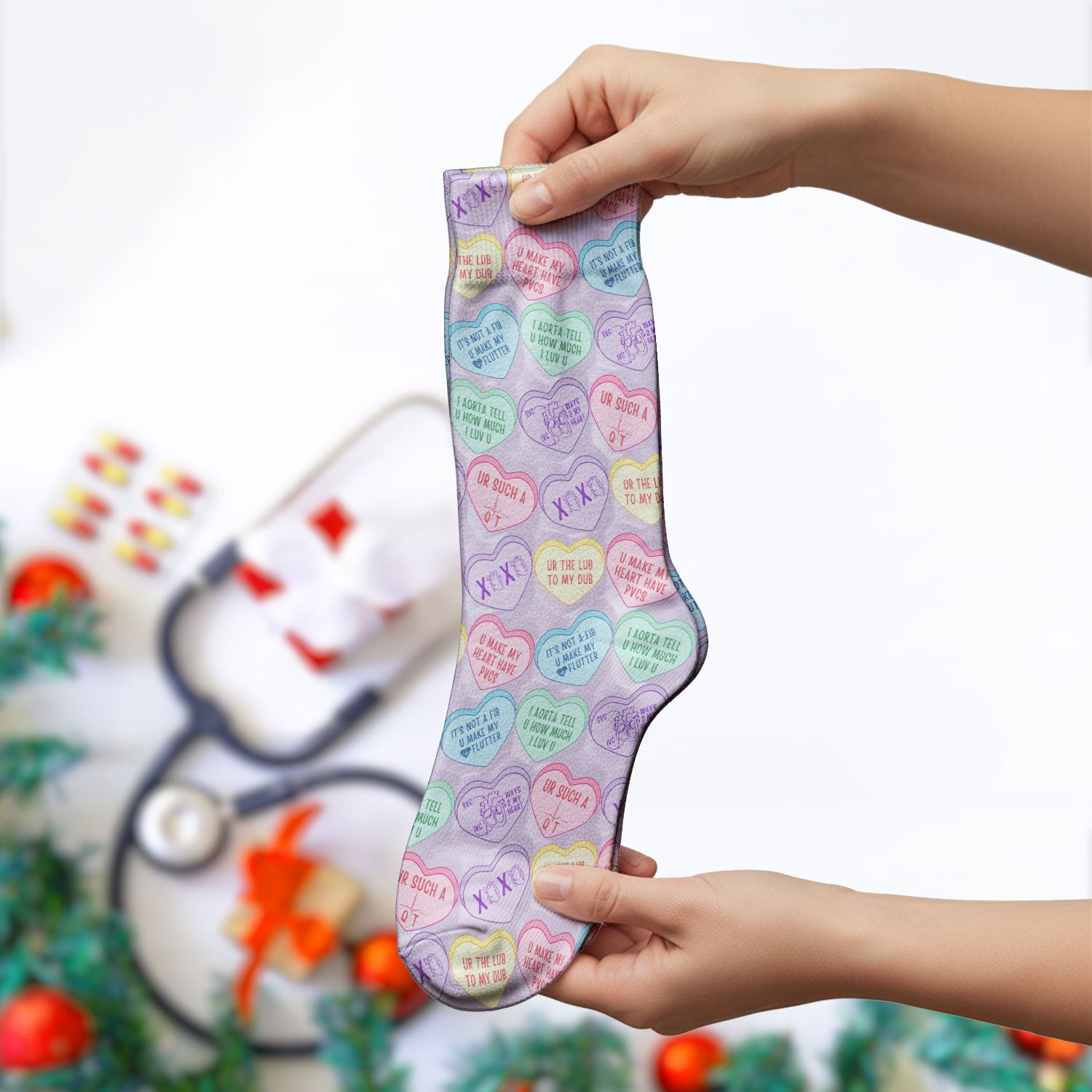 Medical Candy Heart Valentine Pattern Socks, Fun Medical Pattern, Adult Socks for Men and Women