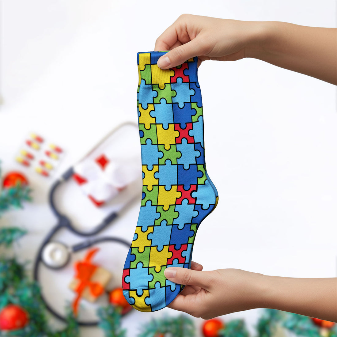Autism Support Squad Puzzle Ribbon Print Socks, Socks for Nurse Doctor