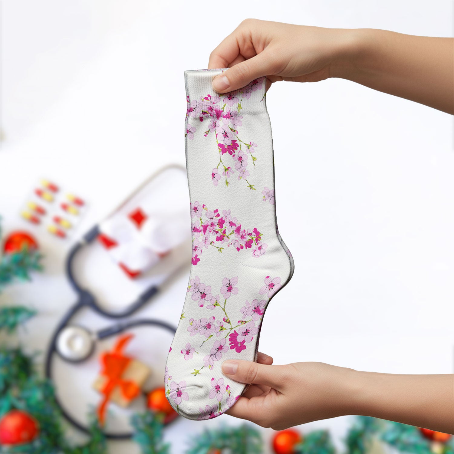 Elegant Cherry Blossom Floral Pattern Socks, Breathable Fabrics Medical Uniform