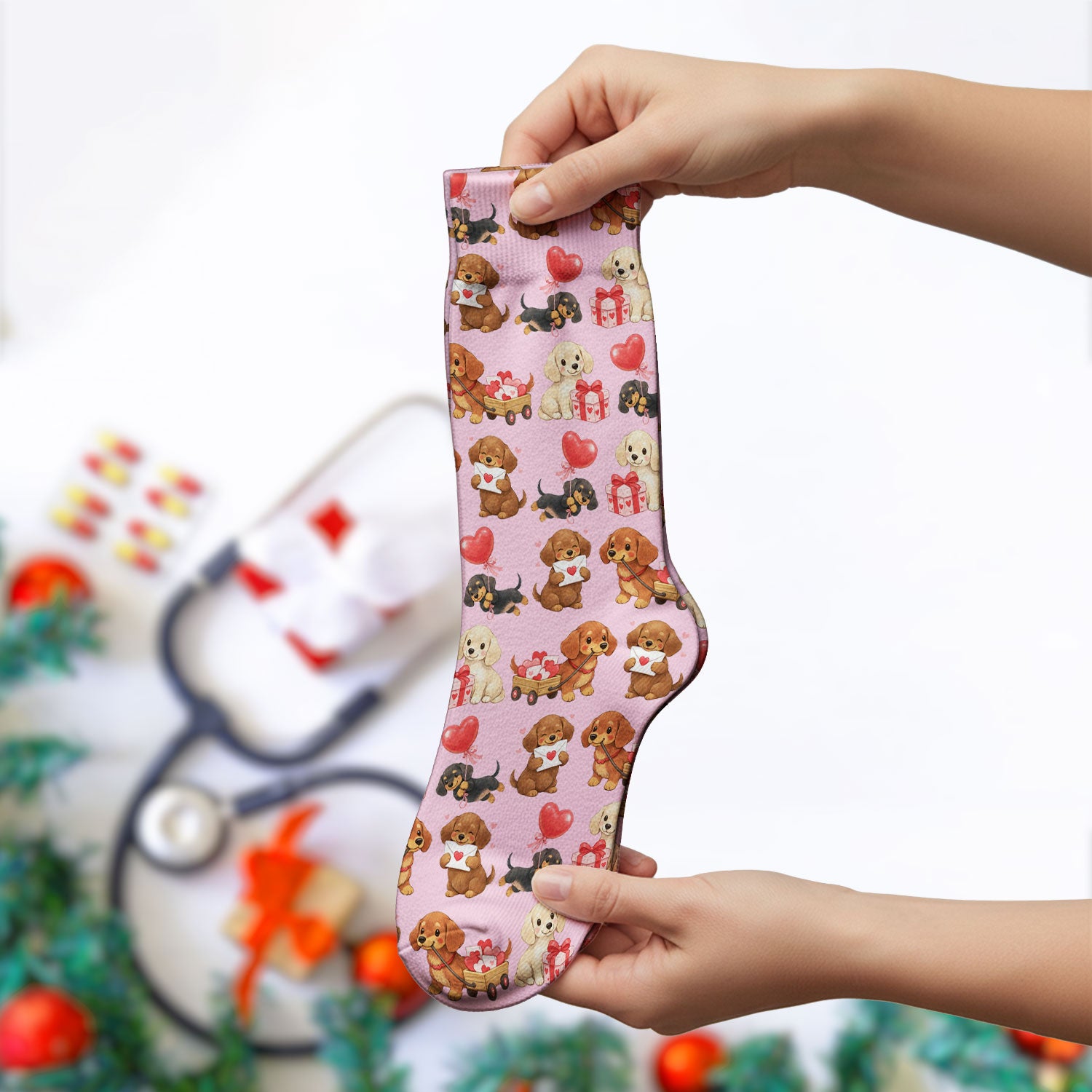 Cute Dachshund Nurse Scrub Socks For Nurses, Wiener Dog Pattern Nurse Sock, Breathable Fabrics Nursing Uniform