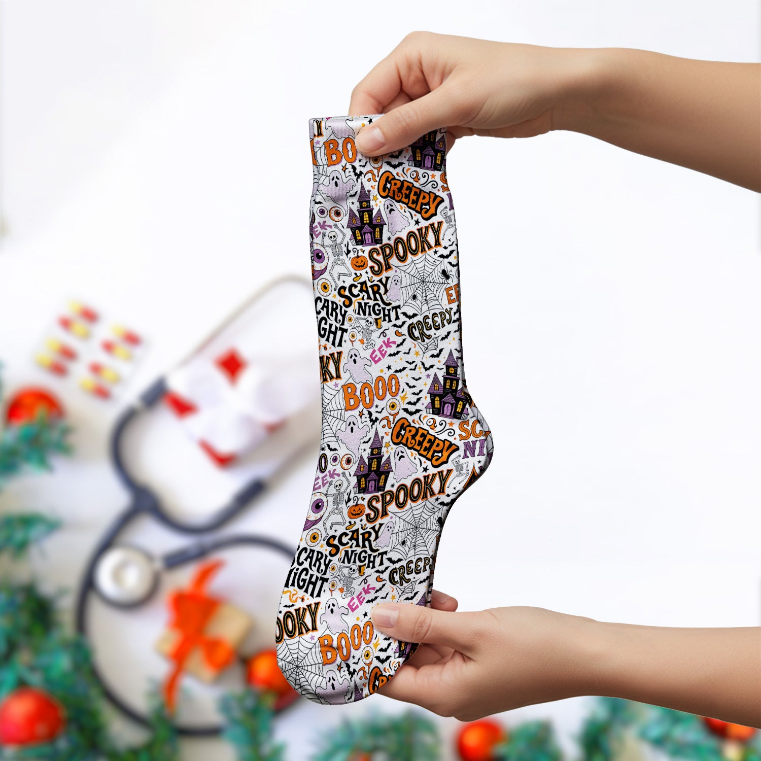 Spooky Halloween Haunted House Typography Socks, Adult Socks for Men and Women