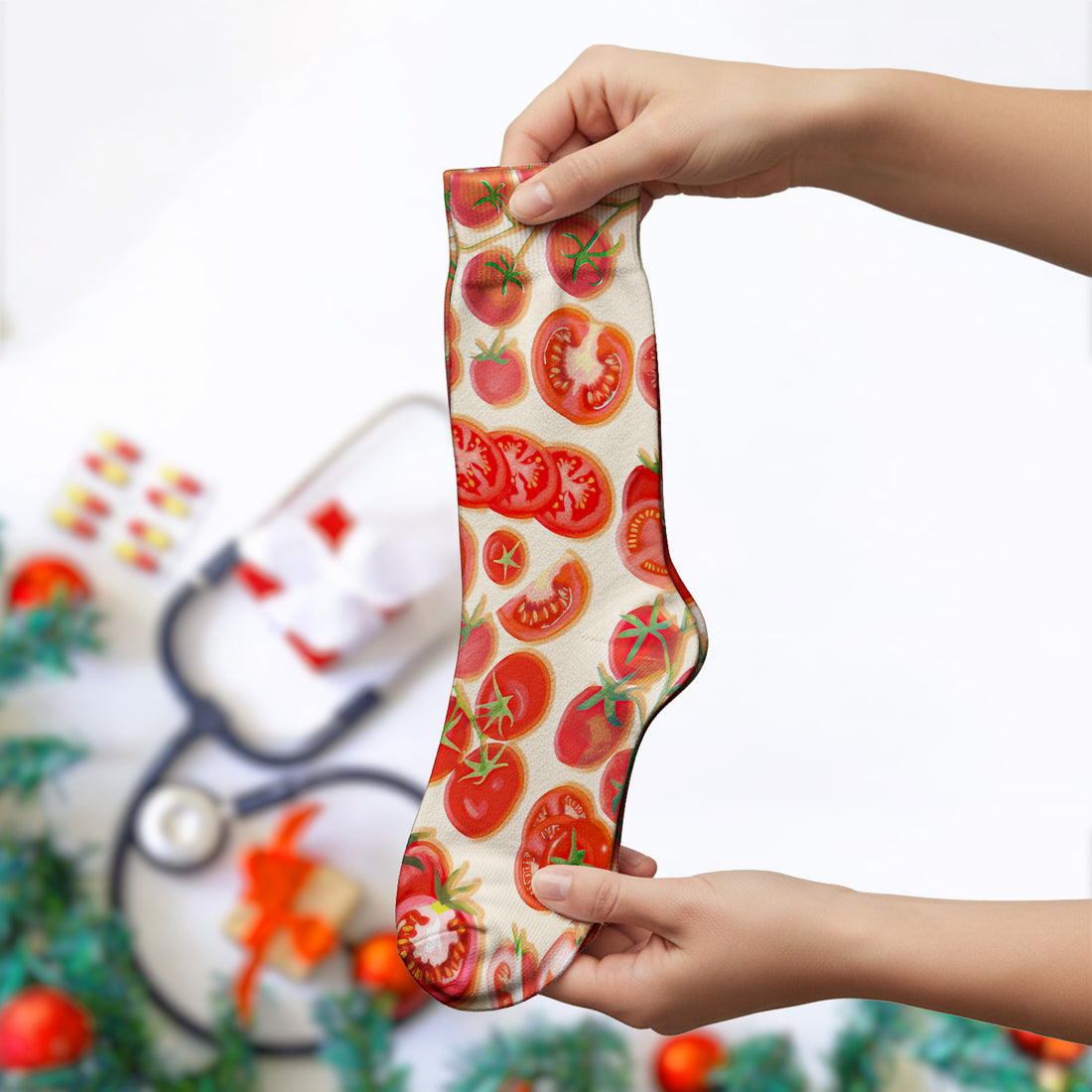 Fresh Tomato Slices Cherry Tomato Pattern Socks, Socks for Nurse Doctor