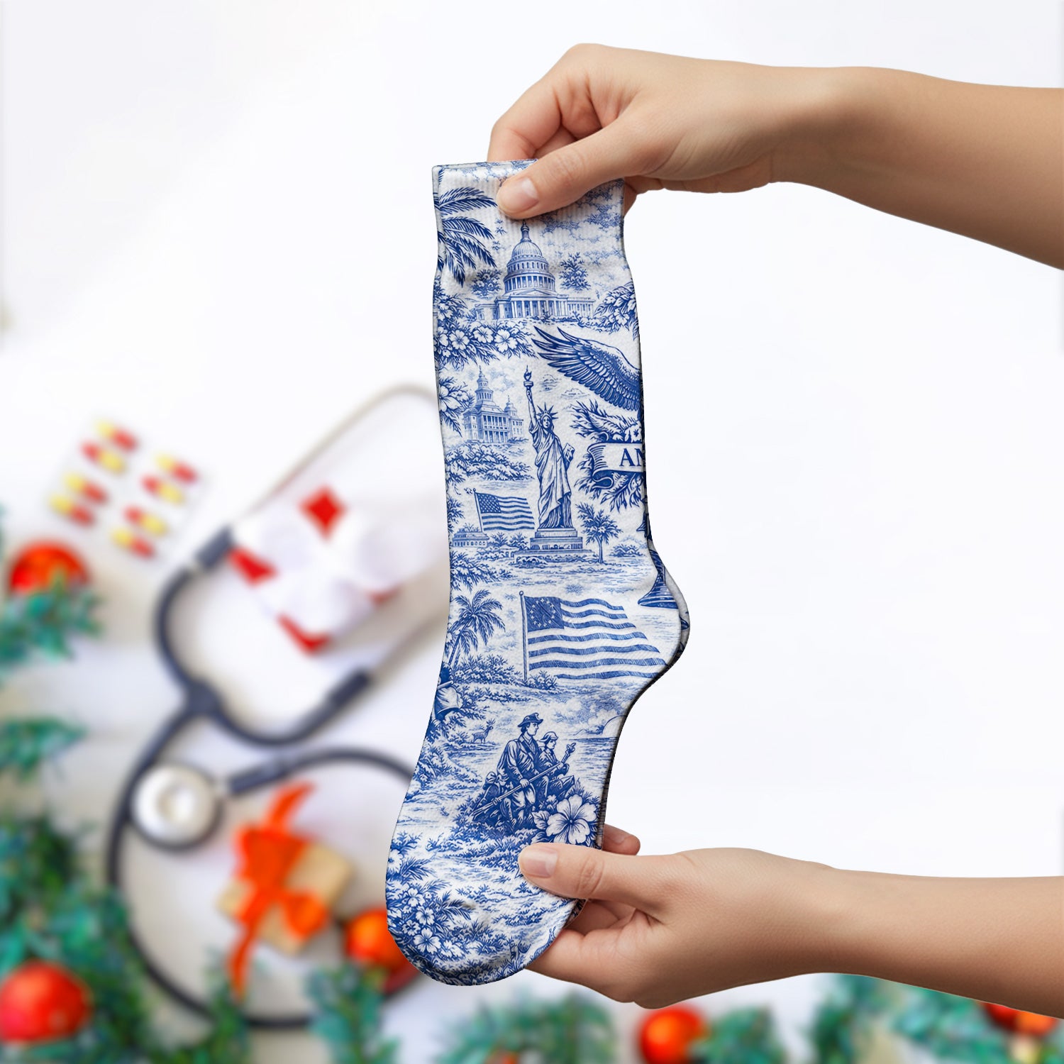 Patriotic America Heritage Toile Pattern Sock, Breathable Fabrics Medical Uniform