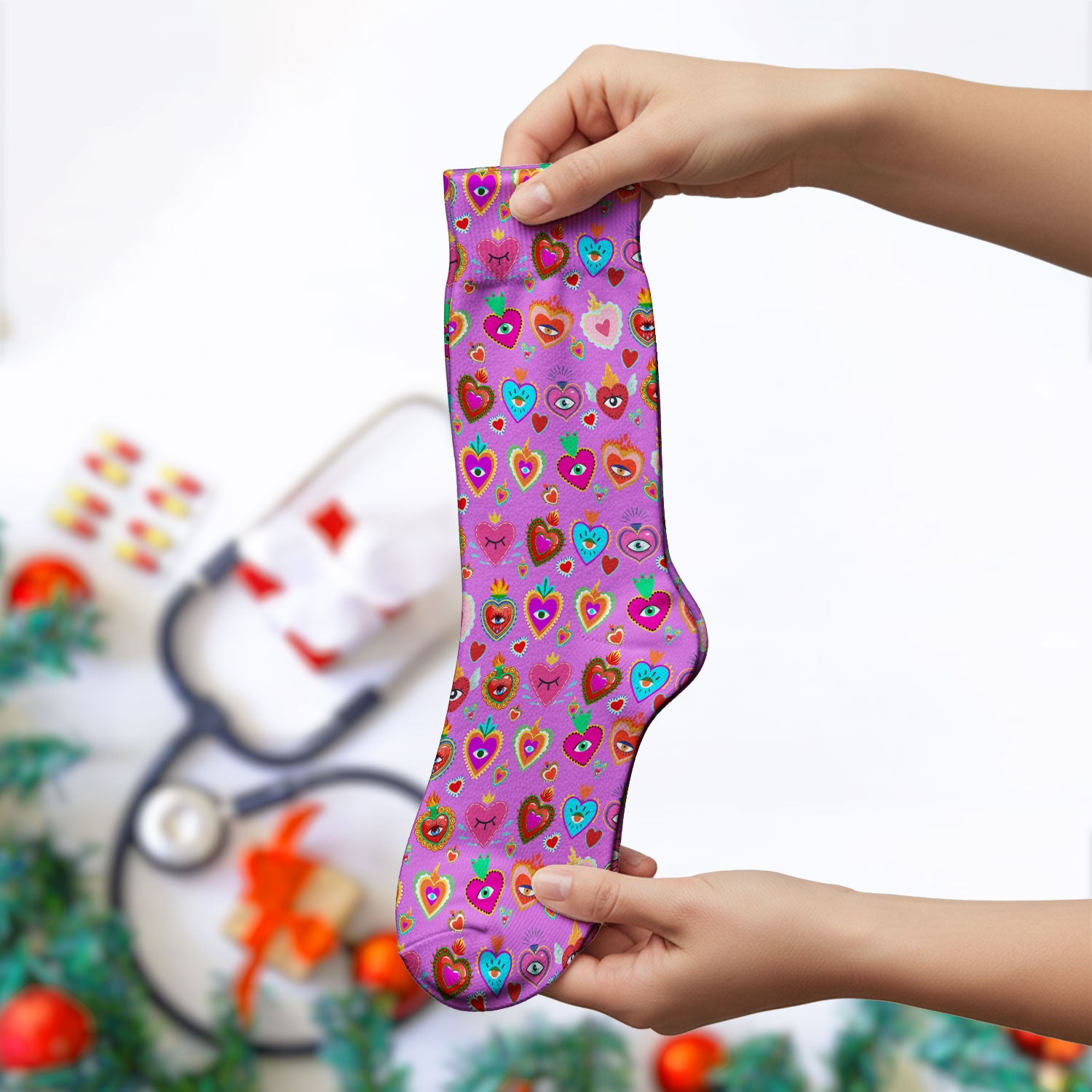 Valentine Colorful Sacred Heart Print Medical Socks, Breathable Fabrics Medical Uniform