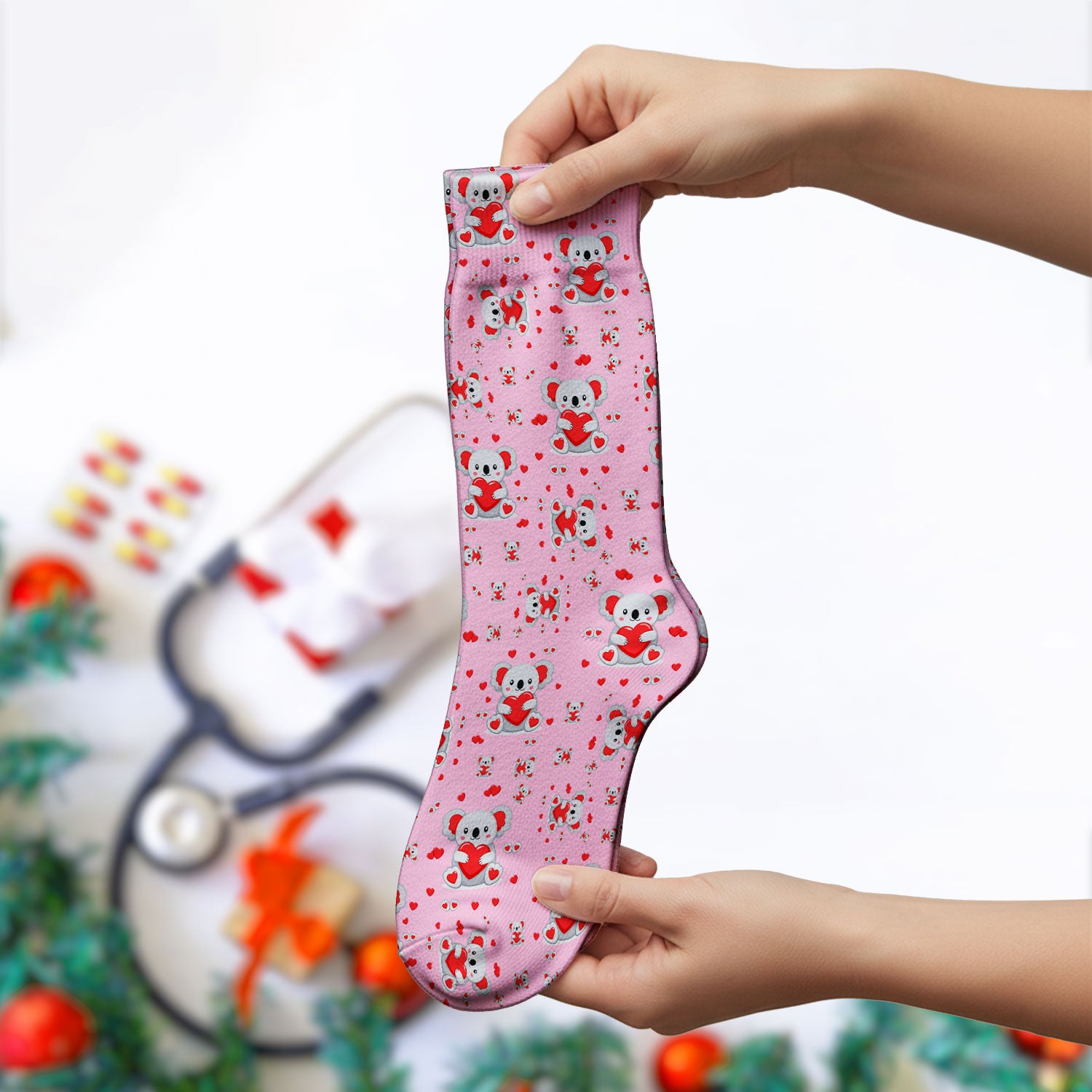 Valentine Cute Koala Heart Pattern Socks, Socks for Nurse Doctor