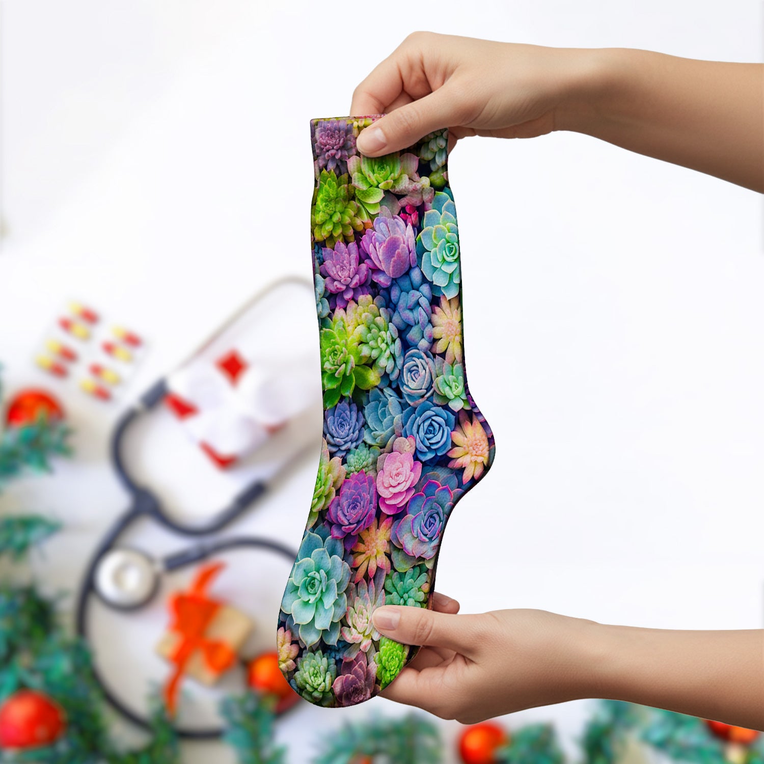 Cute Nurse Scrub Top Boho Succulent Flower Pattern Socks, Adult Socks for Men and Women