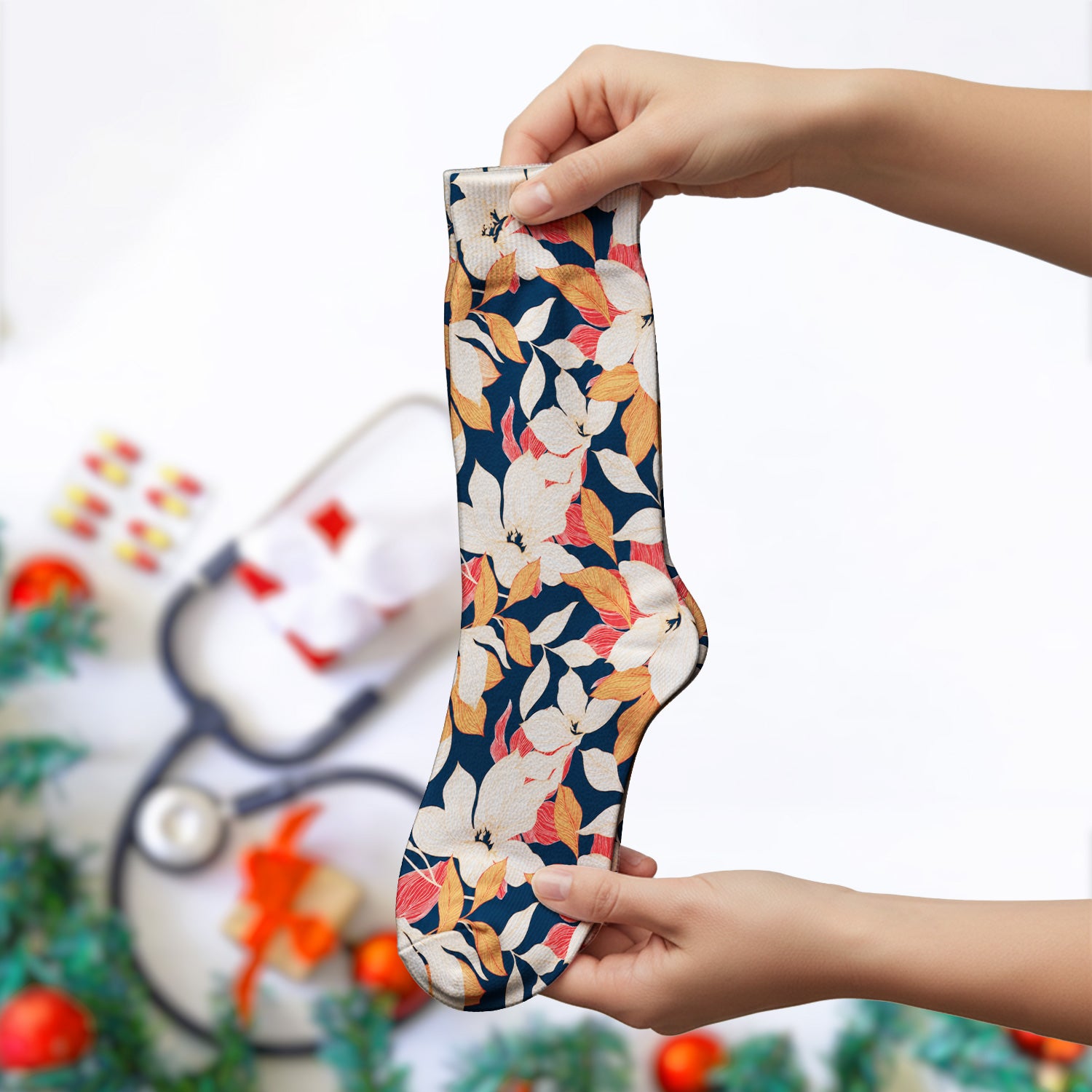 Elegant Ivory Lily Leaves Pattern Socks, Adult Socks for Men and Women