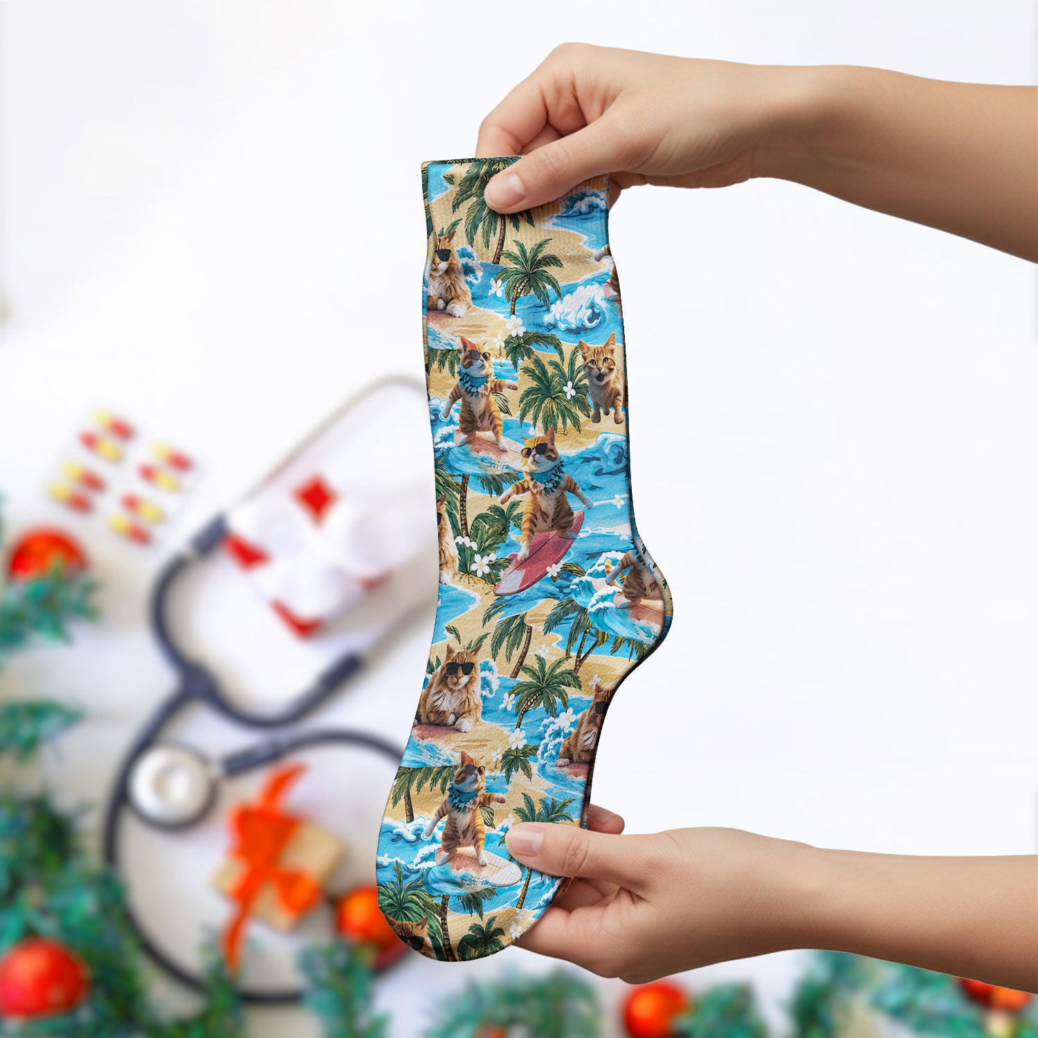 Tropical Surfing Cat with Beach Wave Island Print Socks, Adult Socks for Men and Women