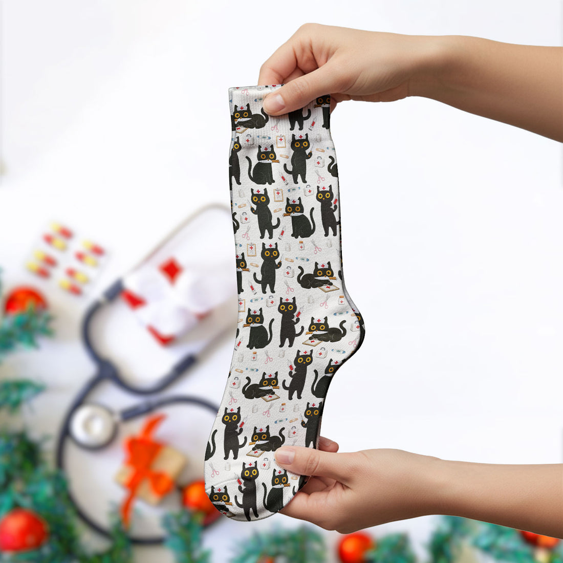 Cute Black Cat Nurse Pattern Medical Socks, Breathable Fabrics Medical Uniform