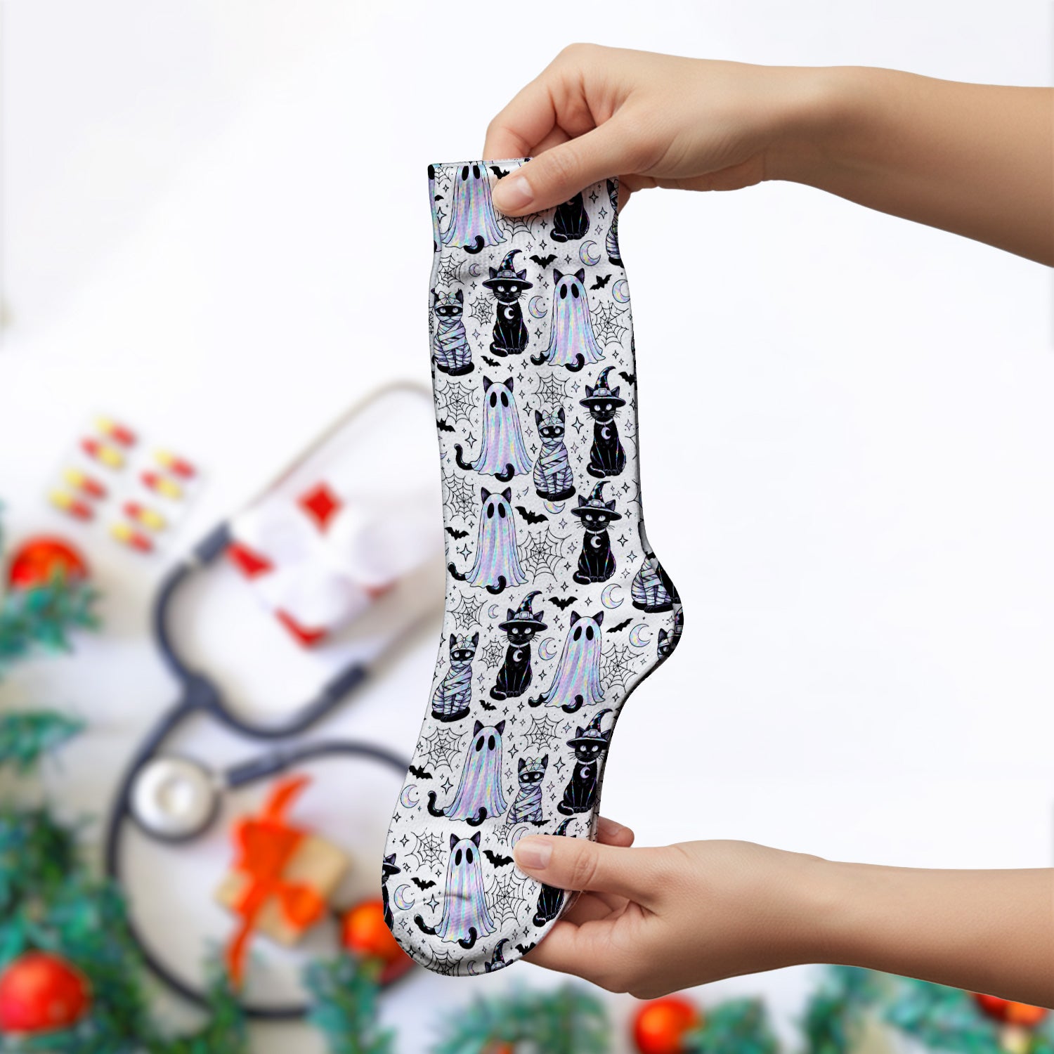 Ghost Witch Cat Pattern Socks, Adult Socks for Men and Women