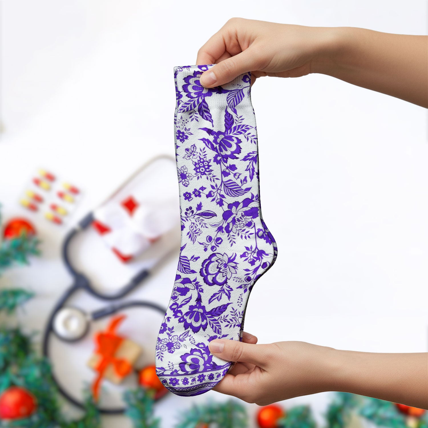 Toile De Jouy Scrub Socks For Women, Floral Pattern Nurse Sock, Comfortable Scrubs For Nursing