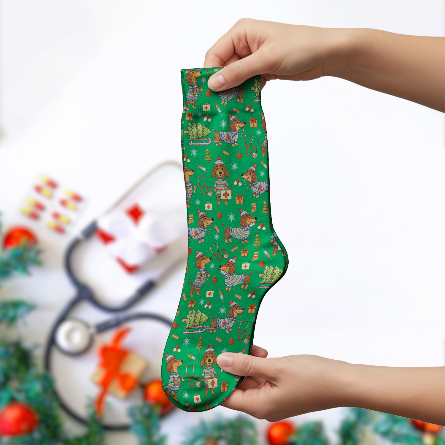 Dachshund Dog Scrub Socks For Nurse, Funny Wiener Dog Lover Gift, Cute Dog 3D Knit Pattern Sock