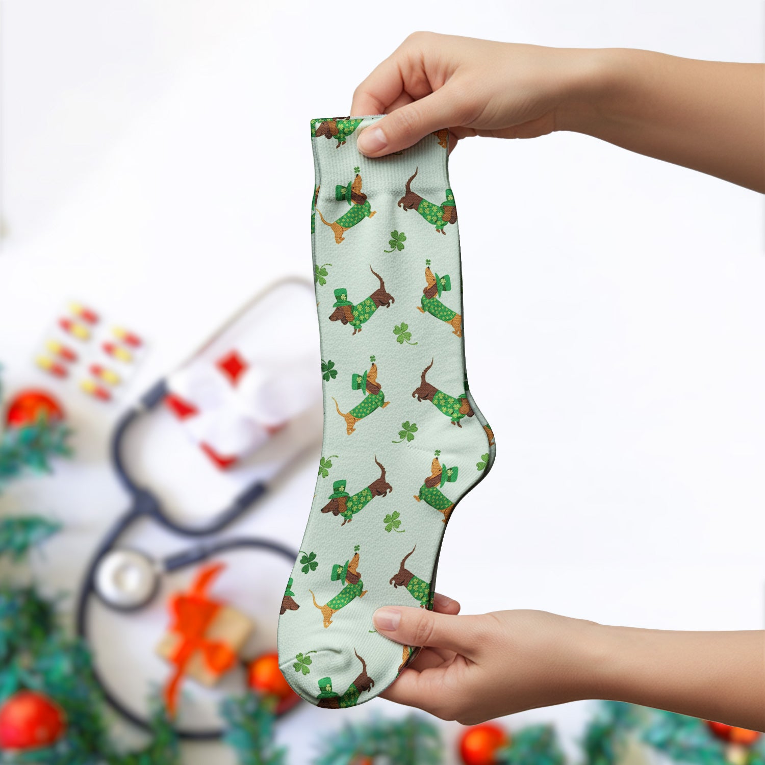 St. Patrick’s Day Dachshund Scrub Socks, Funny Wiener Dog Nurse Sock, Breathable Fabrics Nursing Uniform
