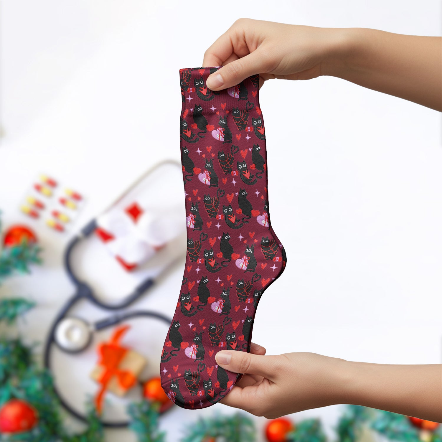 Valentine’s Day Scrub Socks, Cute Black Cat With Heart Pattern Nurse Sock, Breathable Fabrics Nursing Uniform