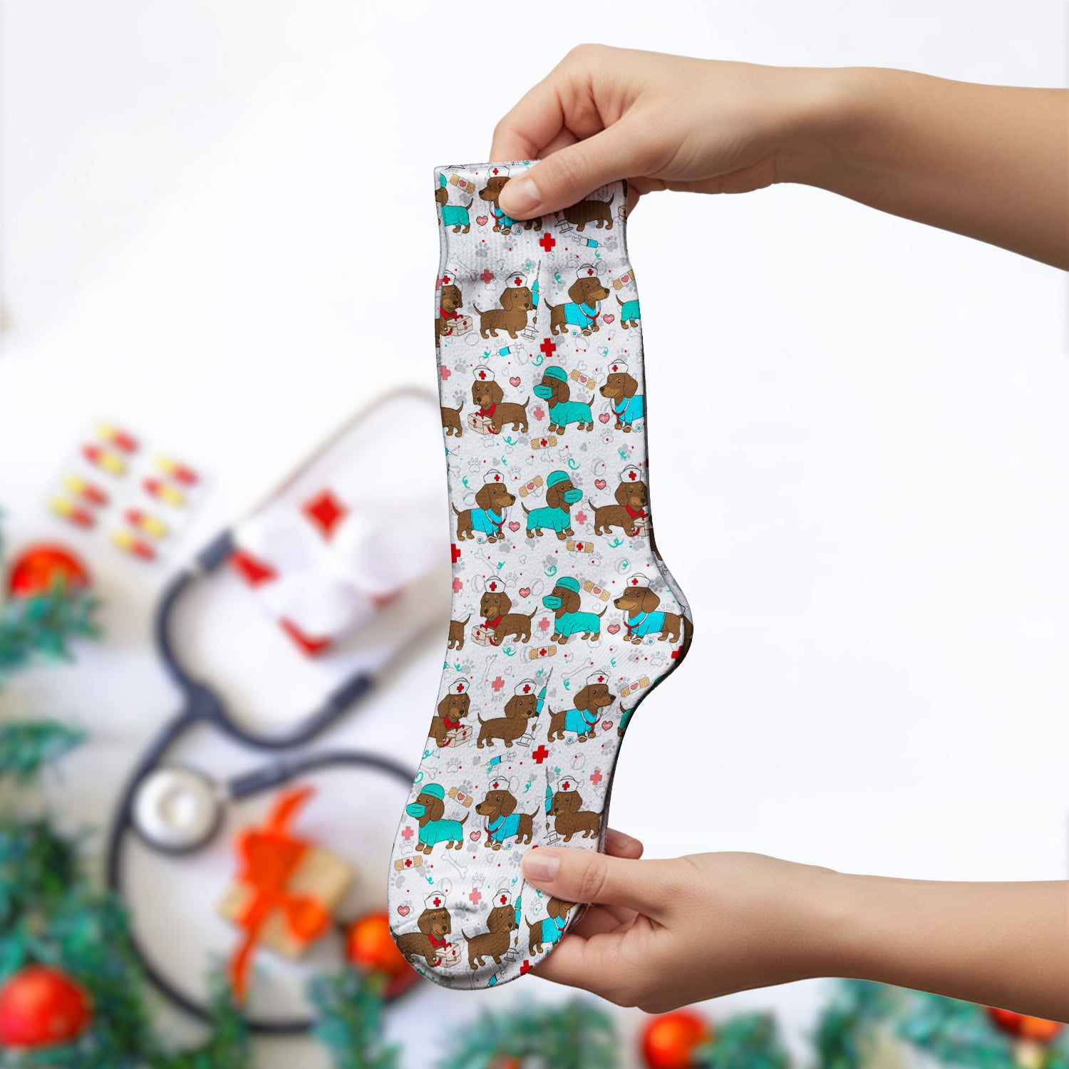 Cute Wiener Dog Dachshund Nurse Scrub Socks, Funny Dachshund Dog Scrubs Sock, Breathable Fabrics Nursing Uniform