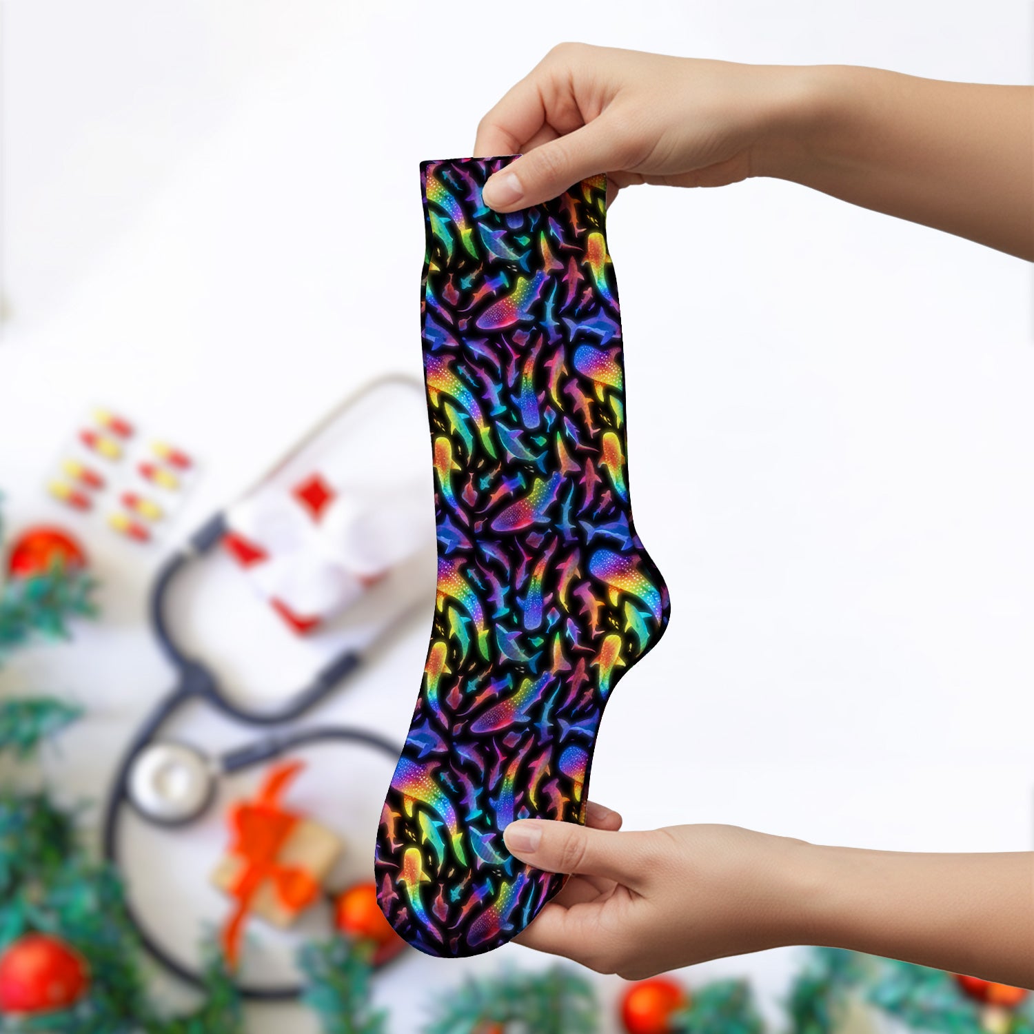 Vibrant Rainbow Shark Pattern Socks, Socks for Nurse Doctor